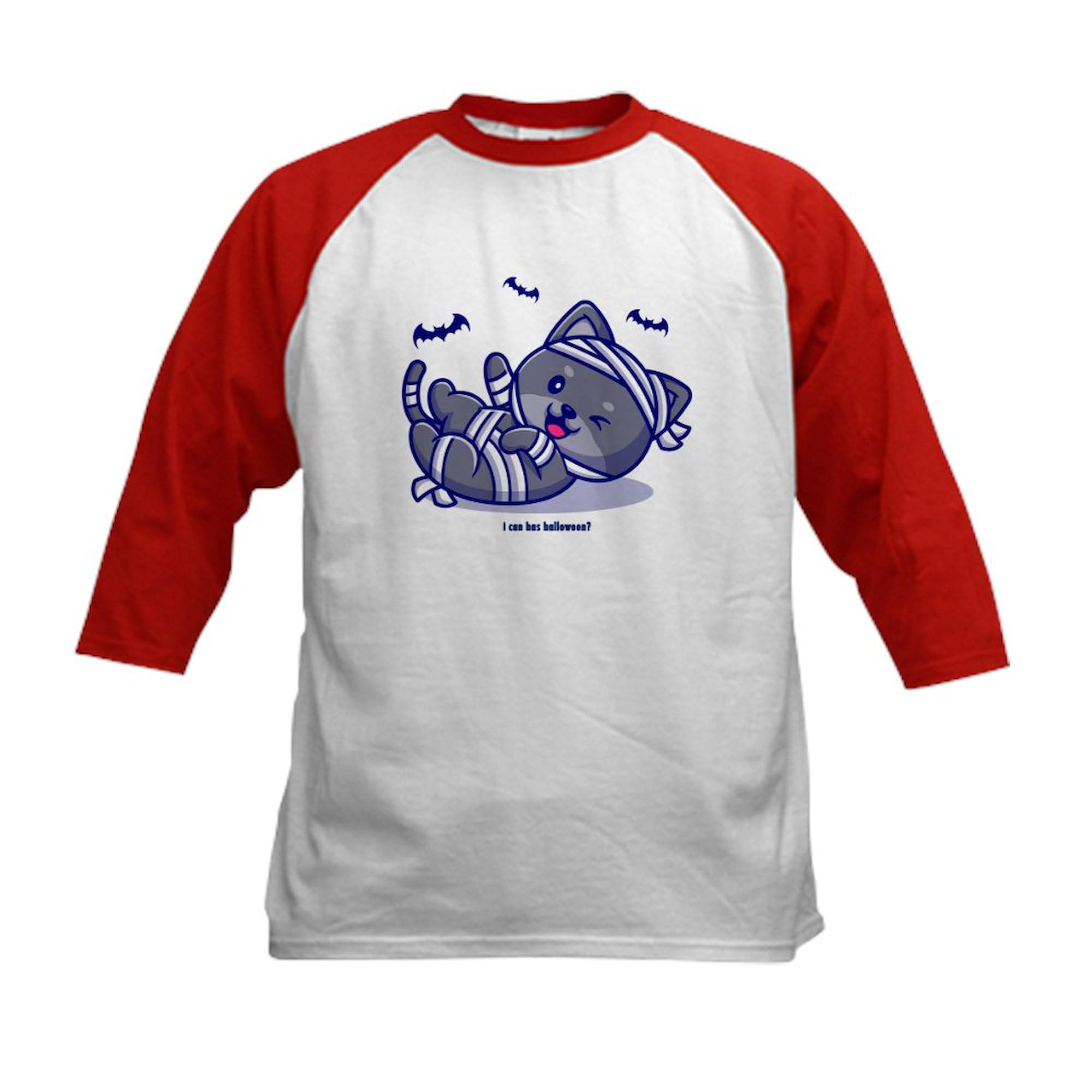 CafePress I Can Has Halloween Kids Baseball T Shirt Kids Cotton Baseball Jersey, 3/4 Raglan Sleeve Shirt Red/White