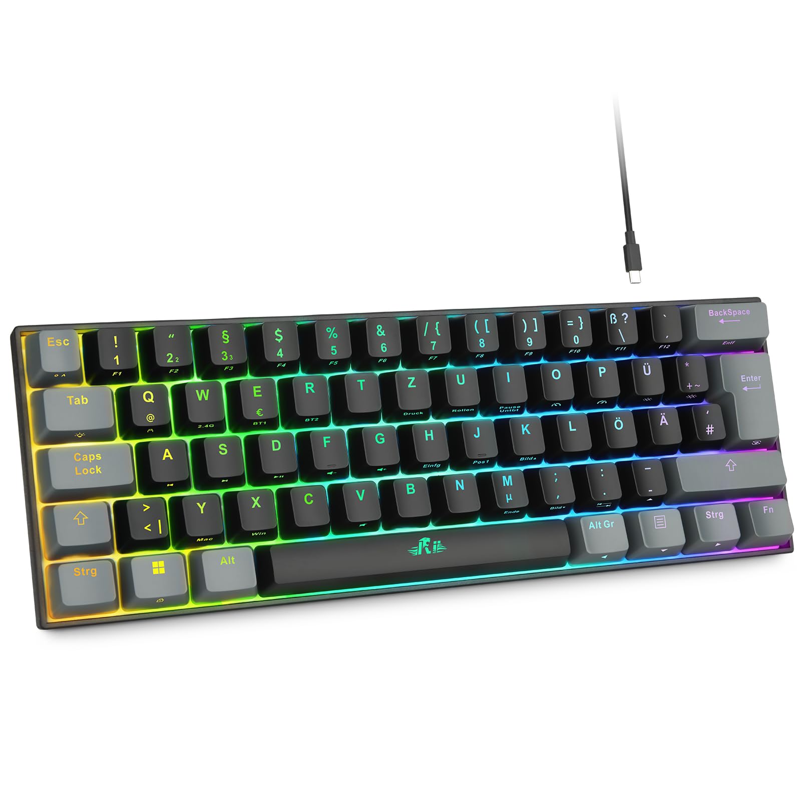 Rii Gaming Tastatur Mechanisch, 60% Tastatur Kabellos RGB Beleuchtet mit Rote Schalter und N-Key Rollover für PC/Laptop/PS4/PS5, QWERTZ, Schwarz Grau (Bluetooth/2.4G/Kabel)
