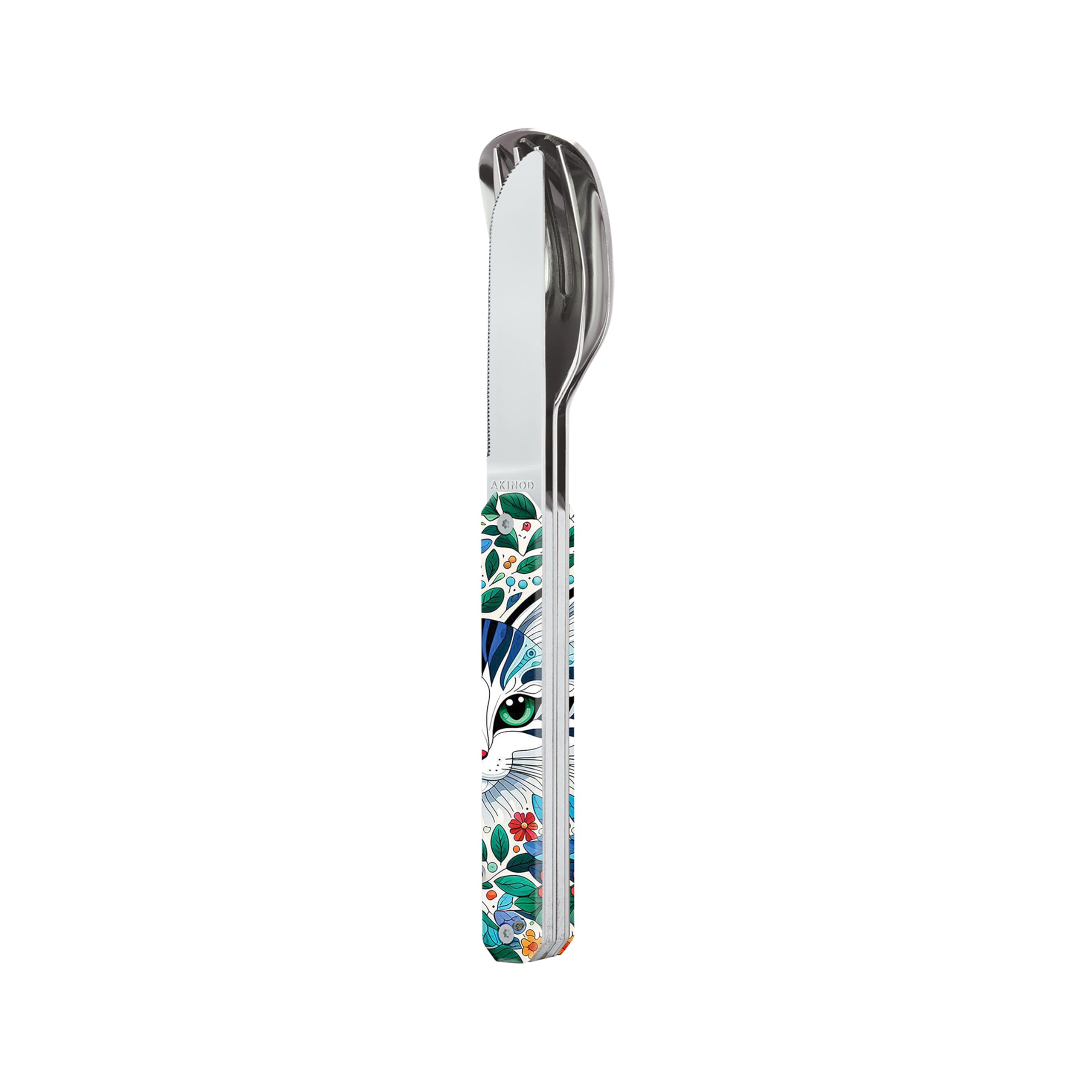Akinod - Couverts Droits Aimantés 12:34 Chat - Fourchette + Couteau + Cuillère - Couverts Nomades Compacts, Durables et Élégants en Acier Inoxydable - Assemblage Aimanté