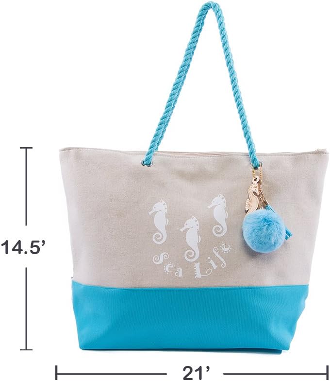 Beach Bag By Pier 17 - Extra Large Canvas Beach Tote, Top Zipper Closure, Rope Handles, 2 Inner Pocket, Wooden Charm, Pom Pom, Built-In Inner Backing for Extra Durability - L21"xH15"xW7" Blue-Seahorse