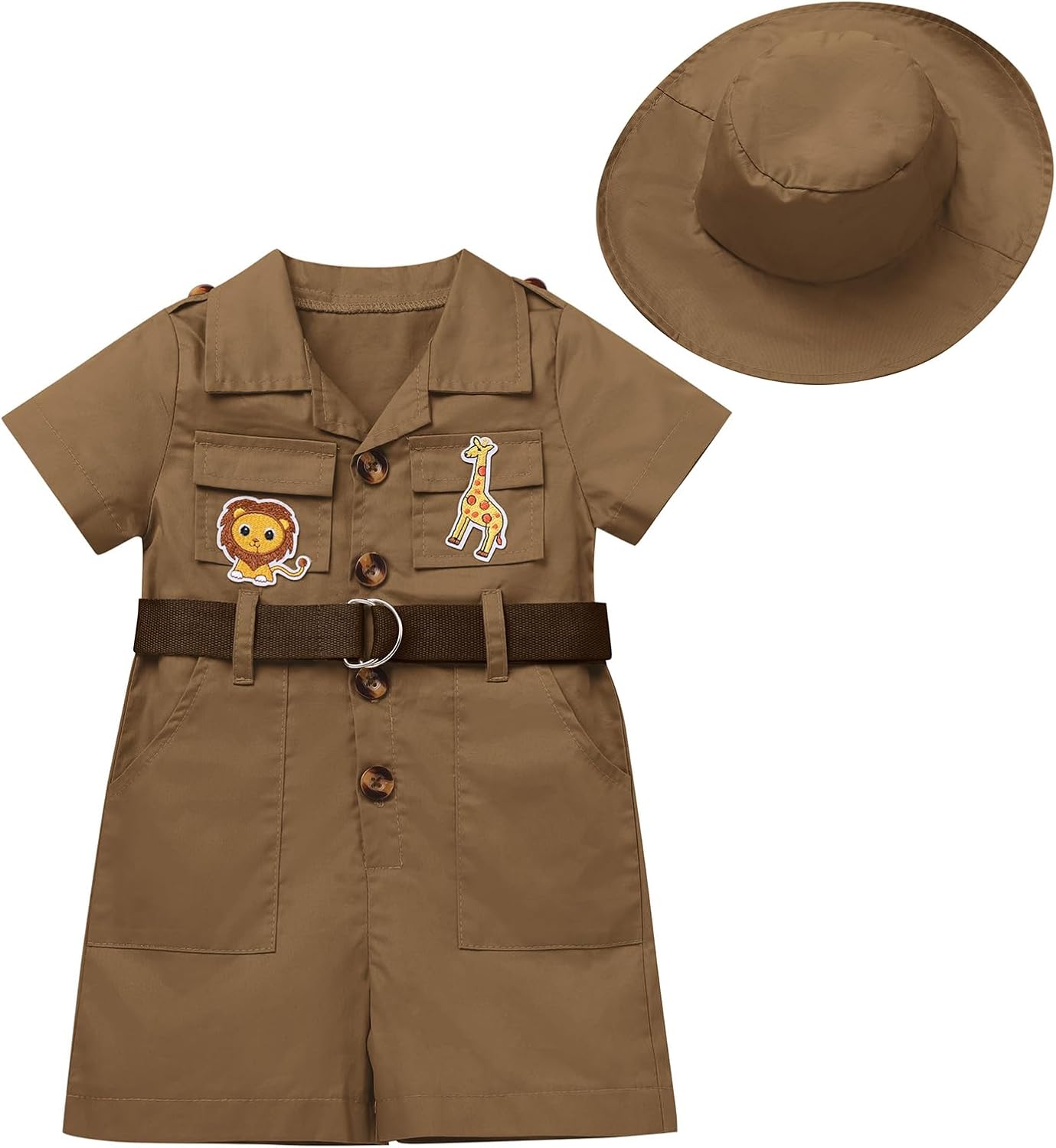 OBEEII Toddler Baby Safari Outfit Short Sleeve Jumpsuit + Hat Explorer Set Wild One Birthday Cake Smash Photoshoot
