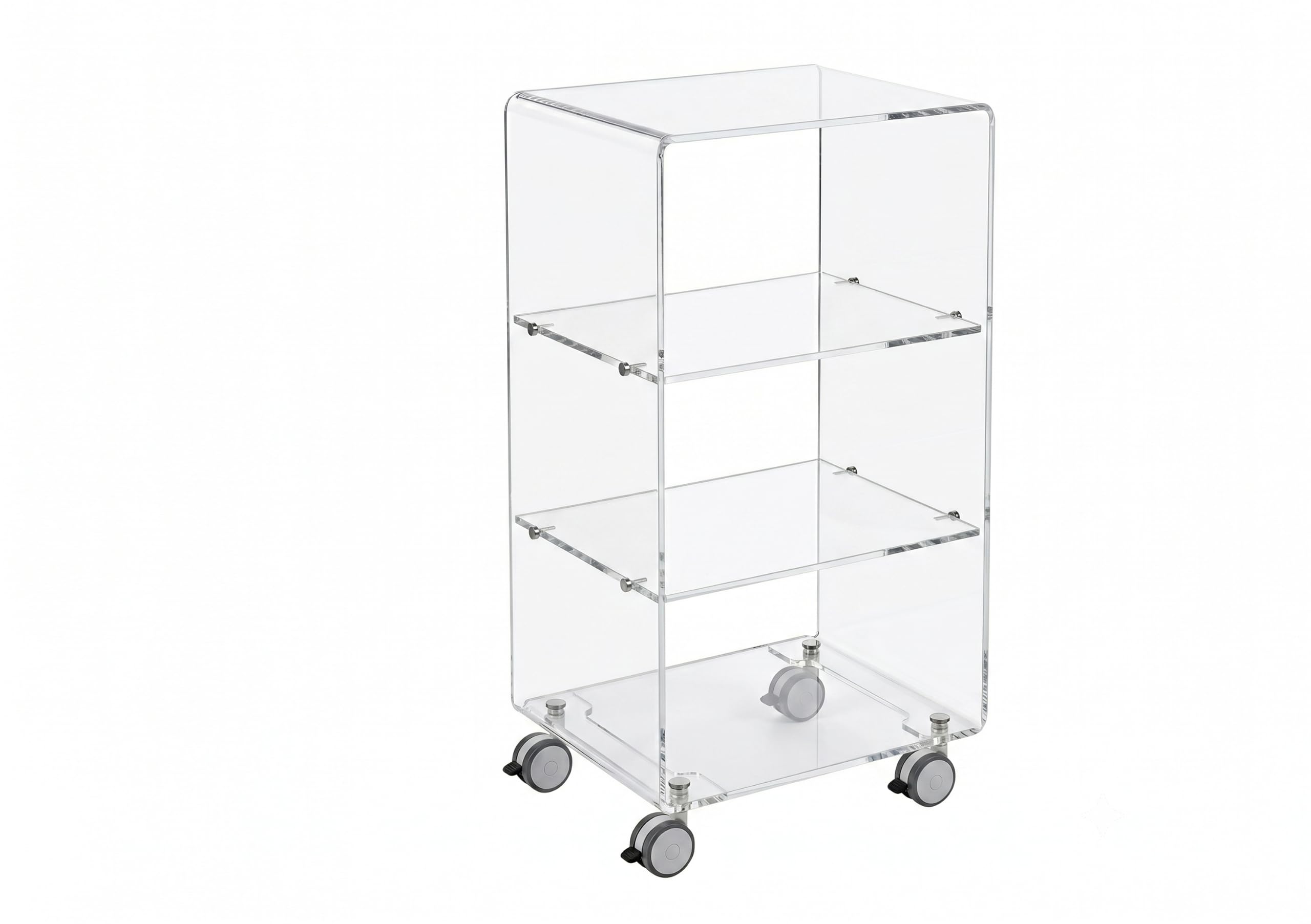 SLATO Cleo grande/Tavolino in cristallo acrilico trasparente a quattro ripiani con ruote,compatto/leggero/design elegante,adatto per soggiorno,ingresso,lato divano,Made in Italy(cm. L.42 x P.33 x H82)