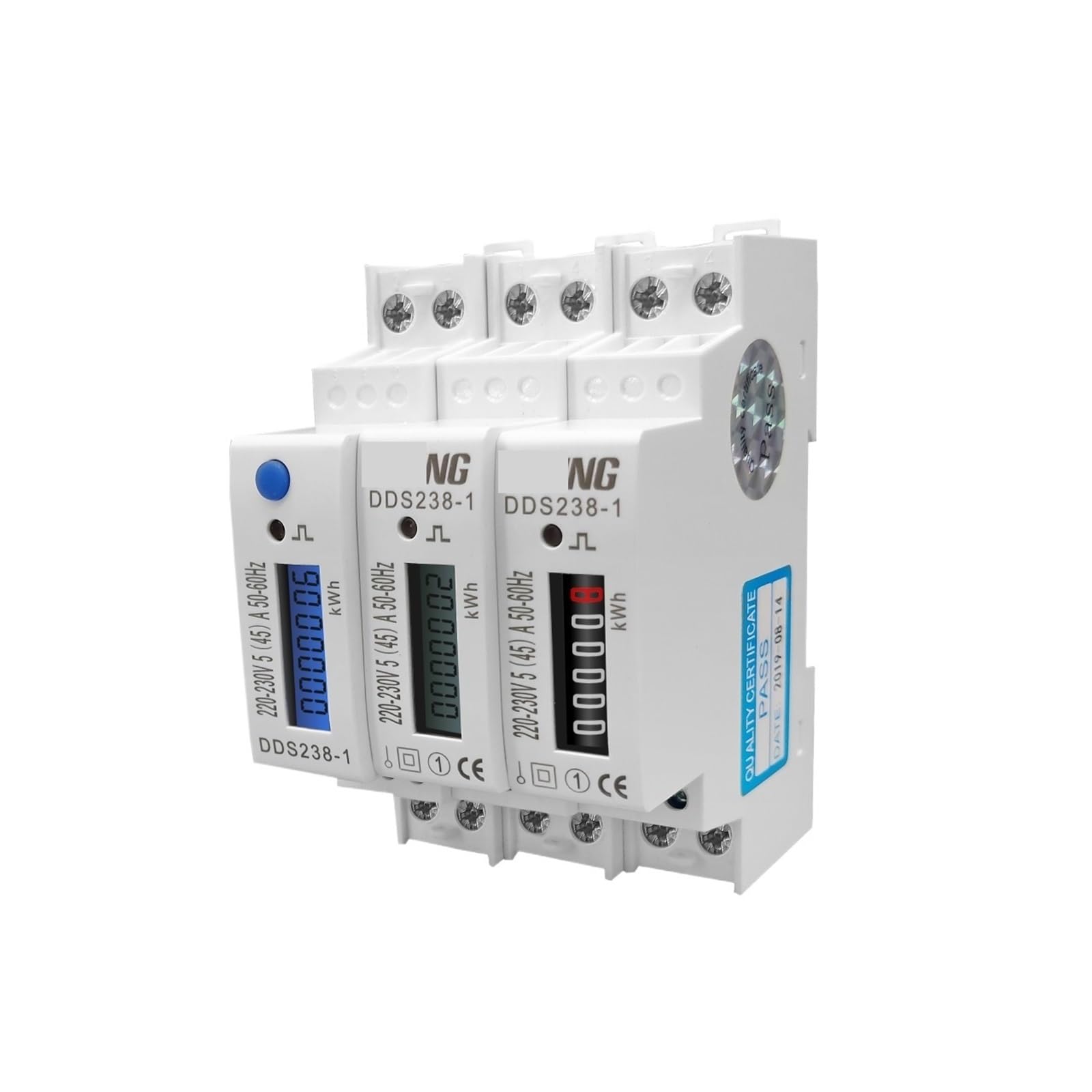 5 (45) A 45 A, 220 V, 230 V, 50 Hz, 60 Hz, wyświetlacz LCD, jednofazowy licznik energii na szynie DIN z niebieskim podświetleniem (analogowy)