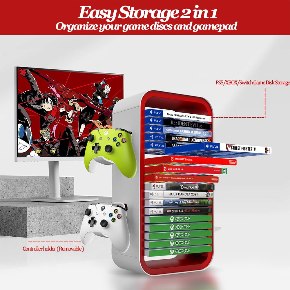 Torre di Stoccaggio per Giochi Compatibile con PS5/ Xbox Serie S e X/Switch, Universale Stoccaggio dei CD del Gioco Supporto Contiene 18 Giochi, con 4 Supporti per Controller
