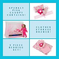 Vista 7 de Emily Rose Cama con dosel de princesa de 18 pulgadas, madera blanca con cortinas de tul rosa, juego de ropa de cama de 5 piezas y cajón