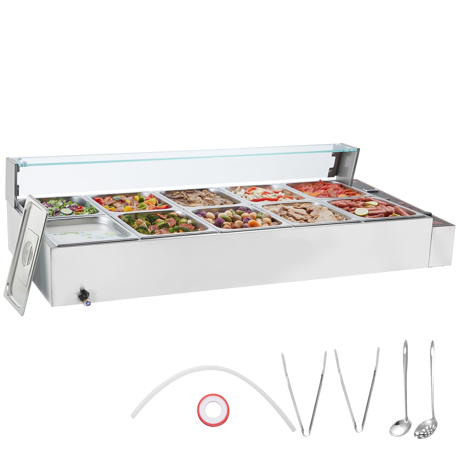 VEVOR 10-Pan Commercial Food Warmer, 10 x 12QT Electric Steam Table with Glass Cover, 3200W Countertop Stainless Steel Buffet Bain Marie w/Thermometer 86-185°F Temp Control for Catering, Restaurants
