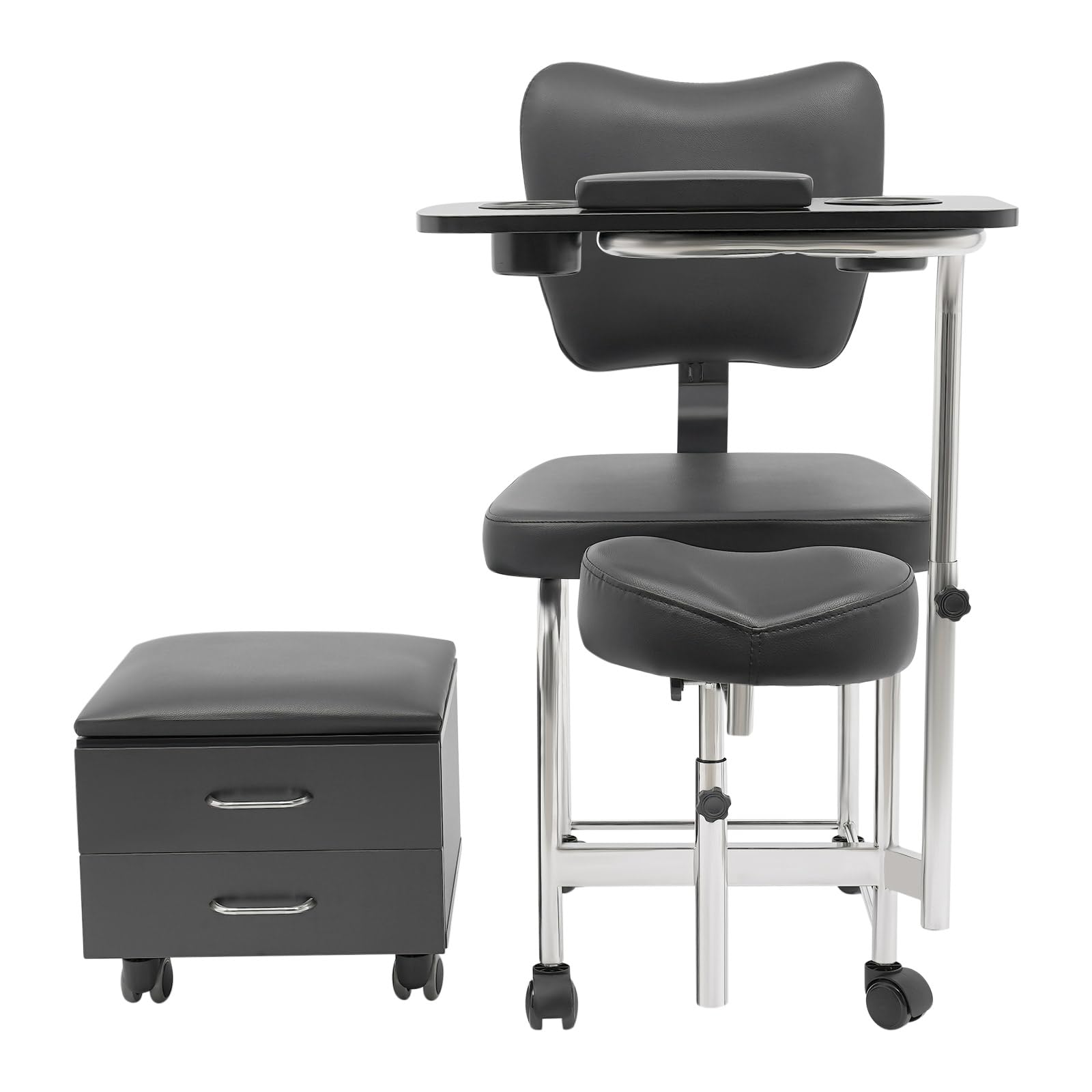 Taburete giratorio de manicura, reposapiés ajustable y soporte para manos, silla de pedicura móvil con ruedas, cómodo respaldo de esponja, taburete de masaje para spa de belleza