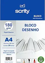 Bloco para Educação Artística, Scrity, Desenho, A4, Branco, 180 Gramas, 20 Folhas