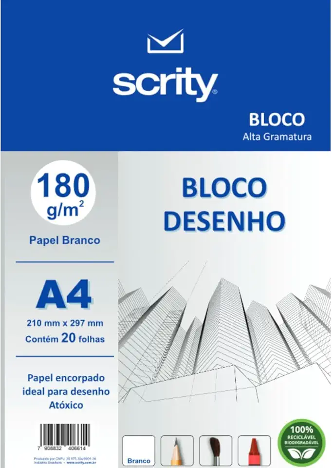 Bloco para Educação Artística, Scrity, Desenho, A4, Branco, 180 Gramas, 20 Folhas