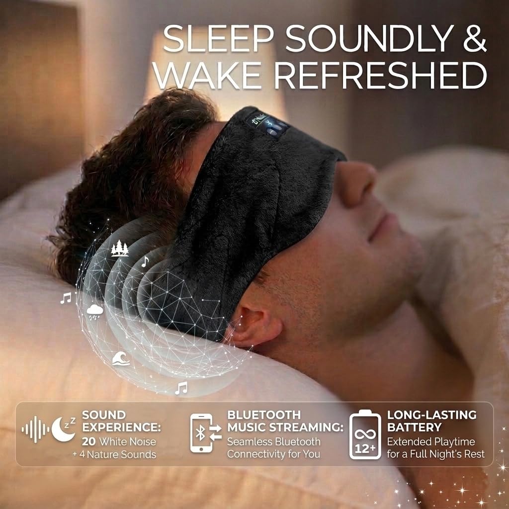 Sleepals - Antifaz para dormir con auriculares con ruido blanco, batería de 35 horas de duración, altavoces integrados para dormir de lado, bloqueo de luz 100%, transmisión inalámbrica de música