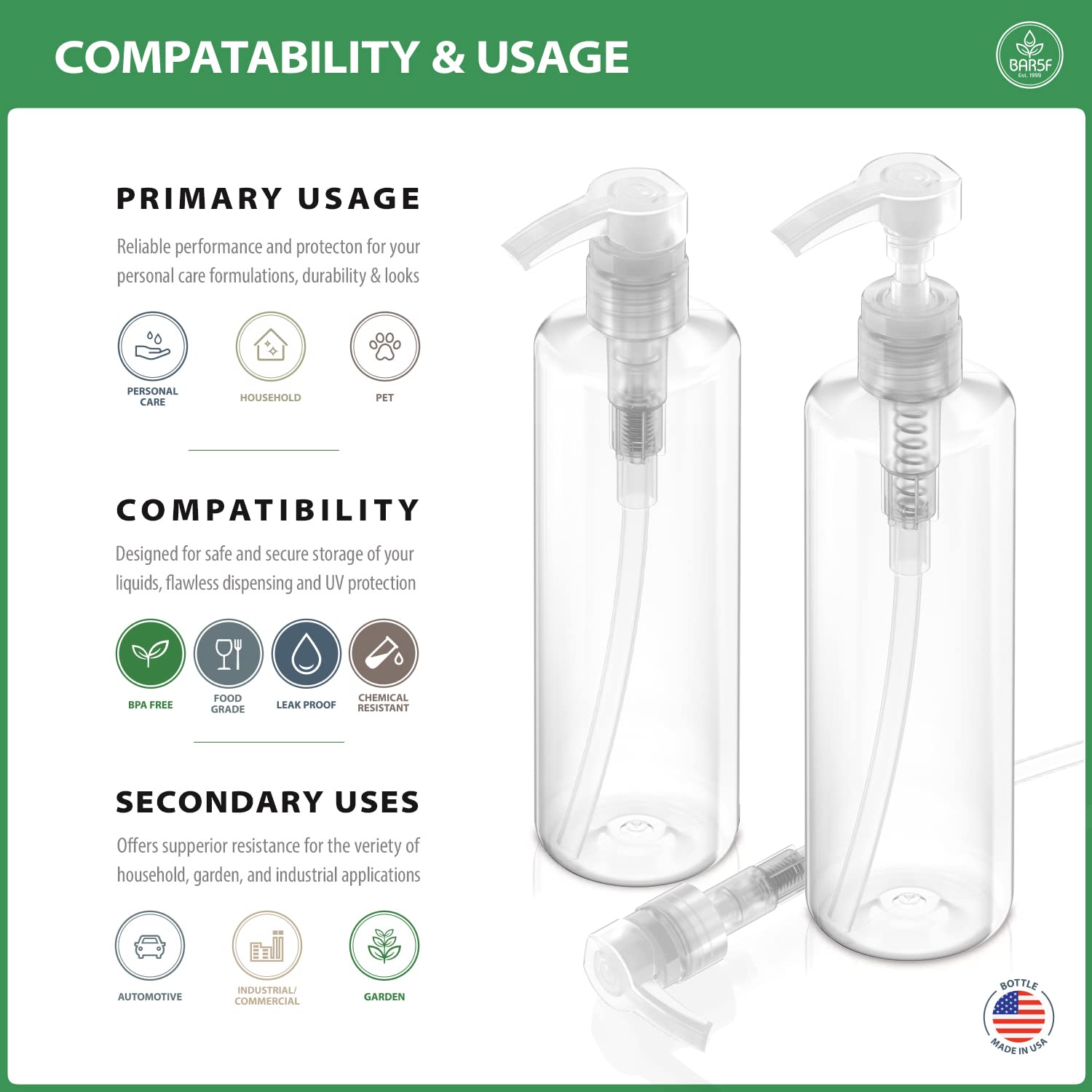 Bar5F Plastic Pump Bottles, 16 oz | Leak Proof, Empty Clear Cylinder, Refillable, BPA Free for Body Wash, Moisturizer, Face Cream, Liquid Hand Soap | Pack of 2