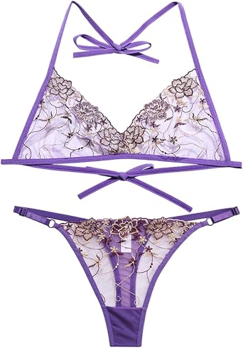 GRAYDREAM Womens Sexy Lingerie Cute Girl Mesh Embroidered Underwear French Lace Up Bra Panties Two-piece Set