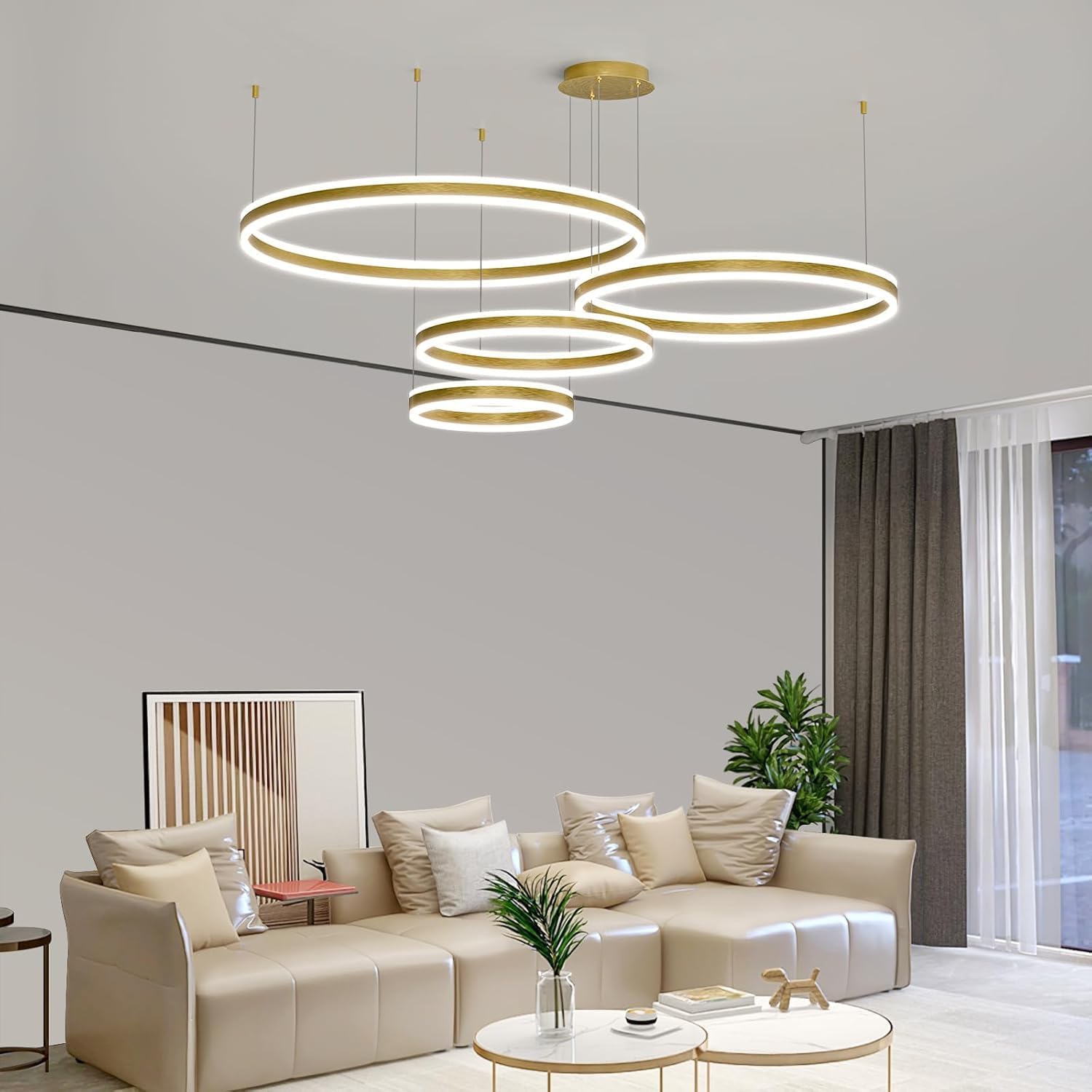 Modern LED Chandelier Light, 4 Ring Gold Pendant Lighting Fixture, Adjustable Hanging Ceiling Lamp for Dining Room, Kitchen Island, Entryway, Living Room, Dimmable Dining Light Over Table