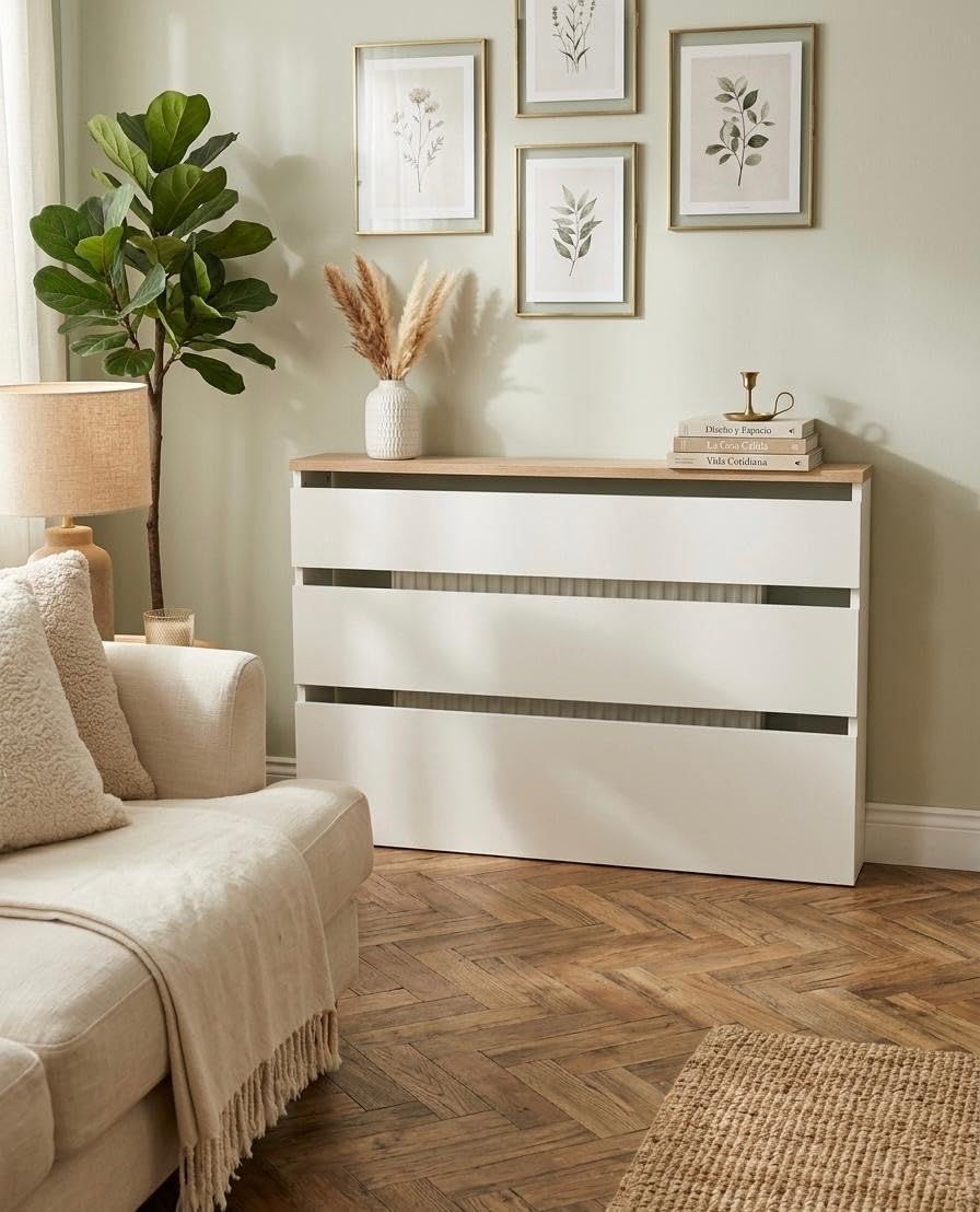Cubre Radiador Blanco/Roble Moderno Modelo Hermes | Mueble Cubreradiador en Kit de Fácil Montaje | Melamina de Alta Resistencia al Rayado | Medidas 60cm / 90cm / 120cm / (120x83,5x19,5)