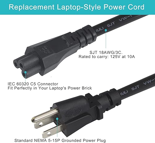 Miniatura 4 de Cable de repuesto para portátil de 3 clavijas de 6 pies  Cable de alimentación de CA de Cloverleaf de 3 clavijas, cable de alimentación de CA