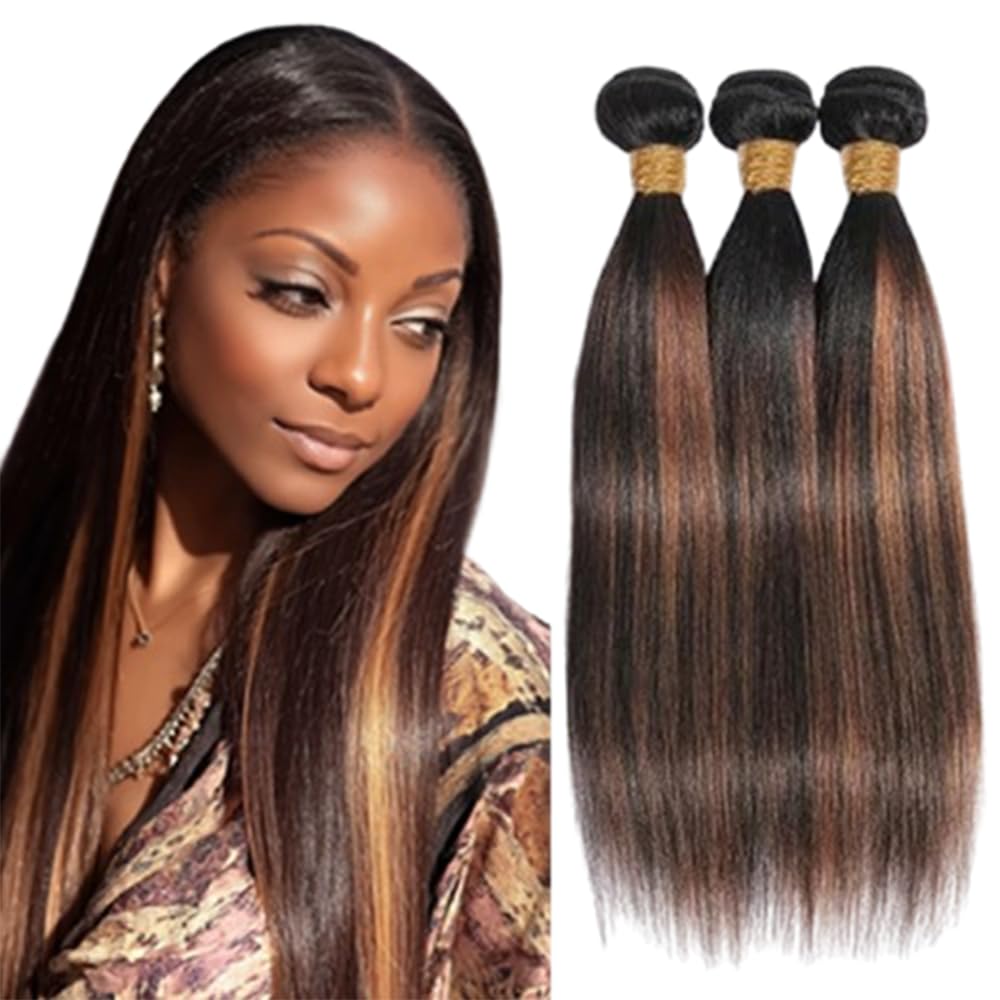 BilltiiWW P1B30 Highlight Straight Bundles Black Mixed With Light Brown two tone Brazilian Human Hair Wavy Weave With Soft and Silky for Women 8 10 12 Inch