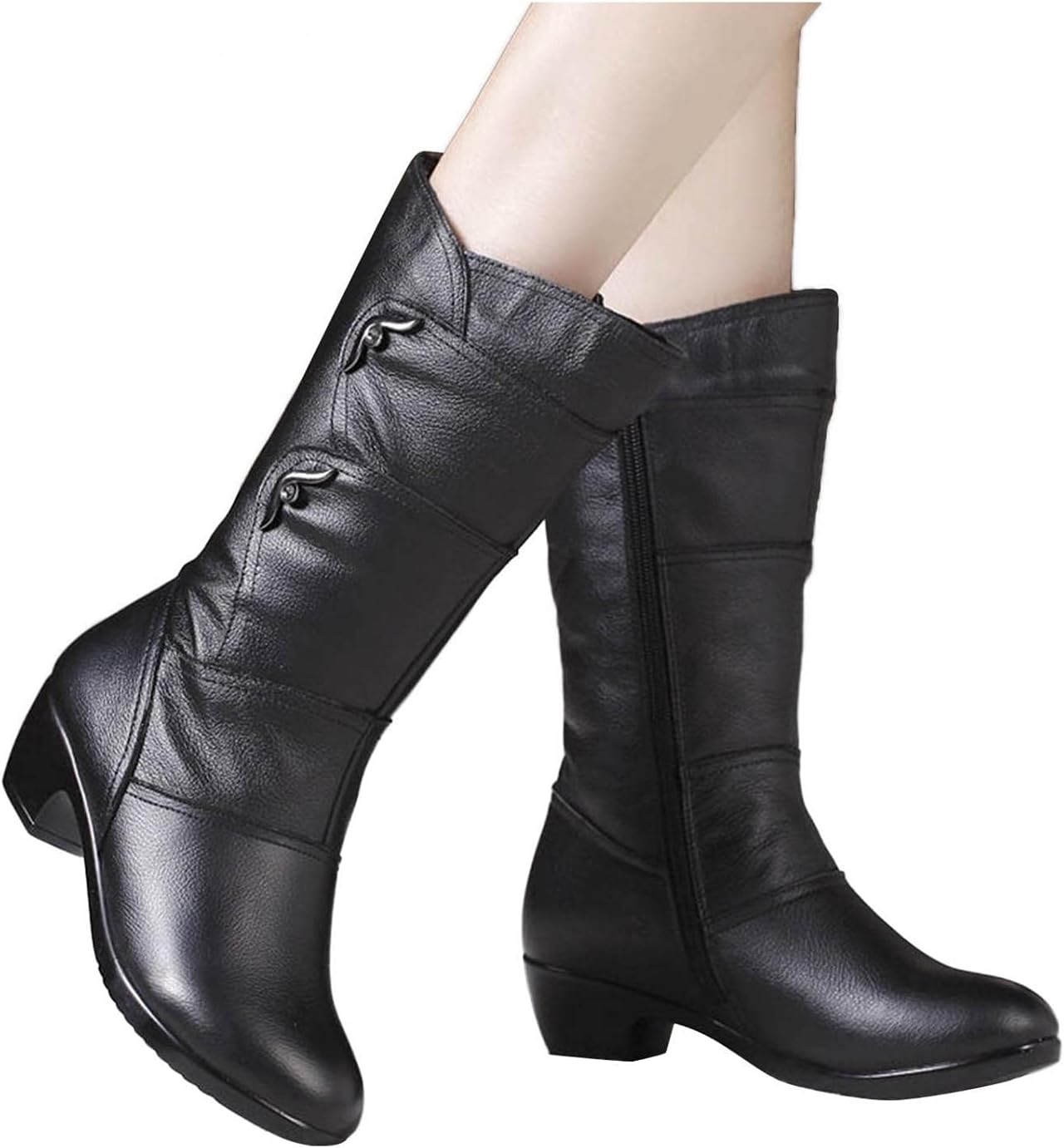 Hbeylia Winter Snow Boots For Women Ladies Fashion Casual Leather Round Toe Chunky Block Low Heels Warm Mid Calf Riding Boots With Fleece Lining Thermal Dress Short Boots Halloween Christmas Favor