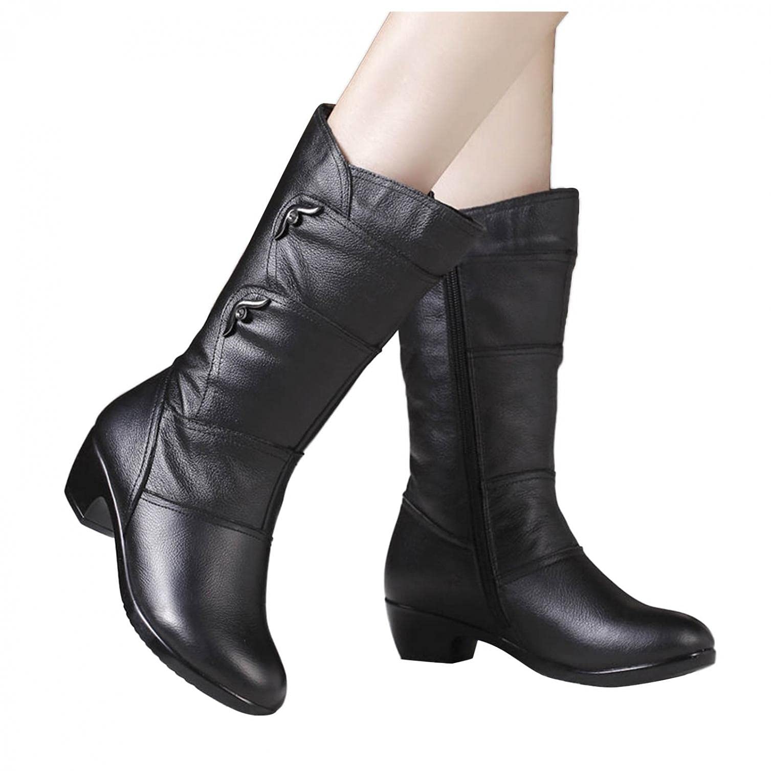 Hbeylia Winter Snow Boots For Women Ladies Fashion Casual Leather Round Toe Chunky Block Low Heels Warm Mid Calf Riding Boots With Fleece Lining