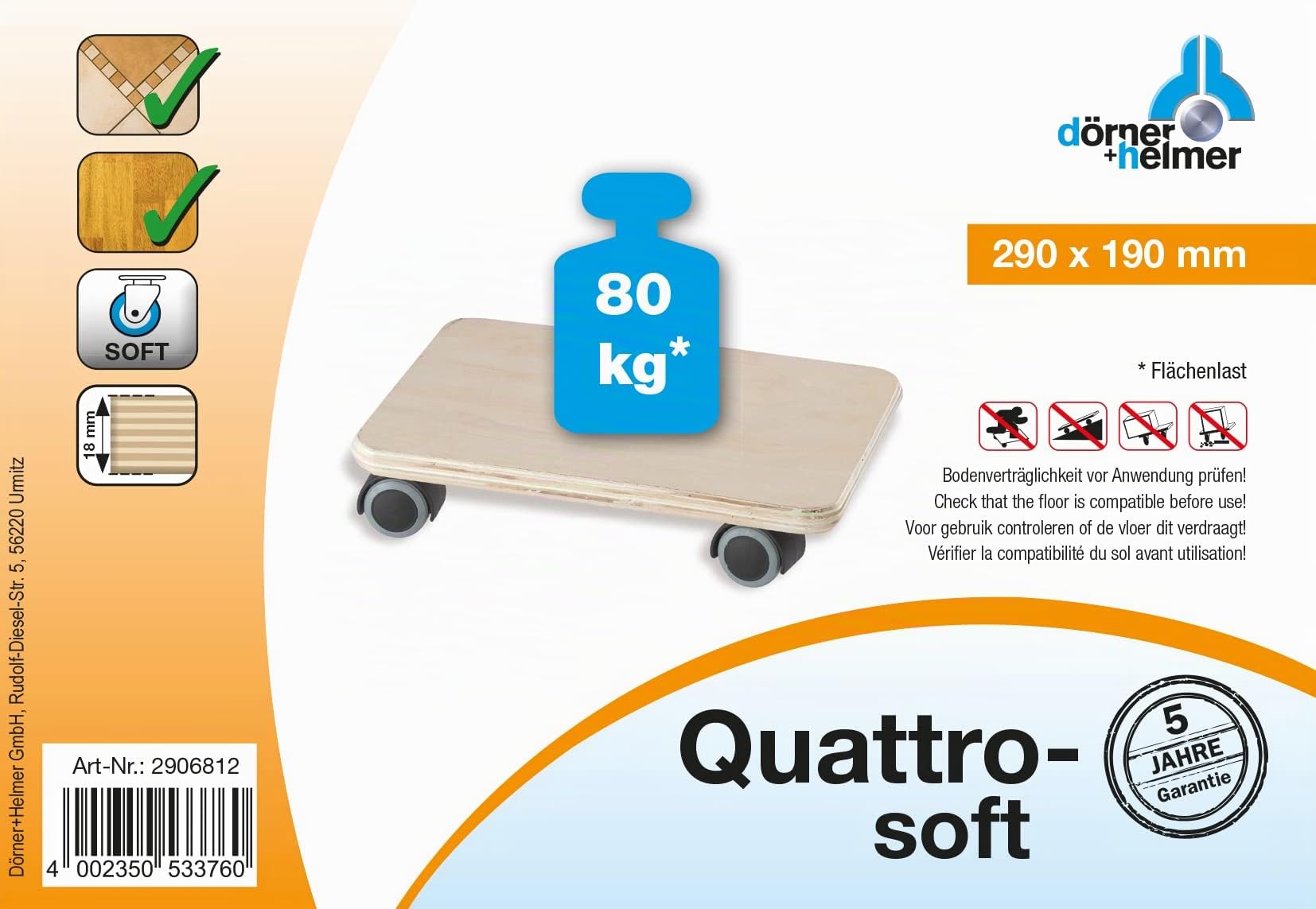 Dörner + Helmer 2906812 Quattro Soft Chariot de Transport avec roulettes de parquet Charge maximale 80 kg Surface d'appui 290 x 190 mm