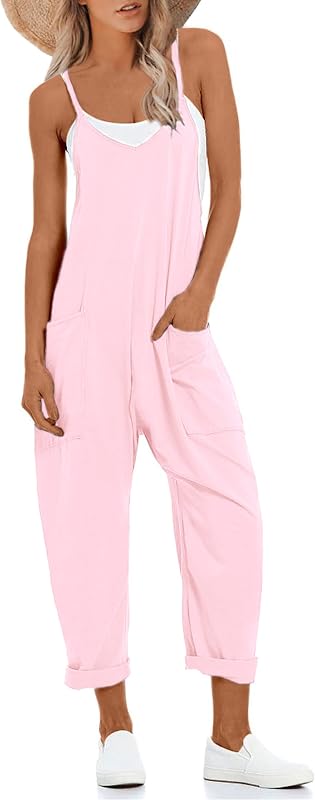 Lentta Macacão Feminino Casual Sem Mangas com Decote V, Alças Ajustáveis e Bolsos