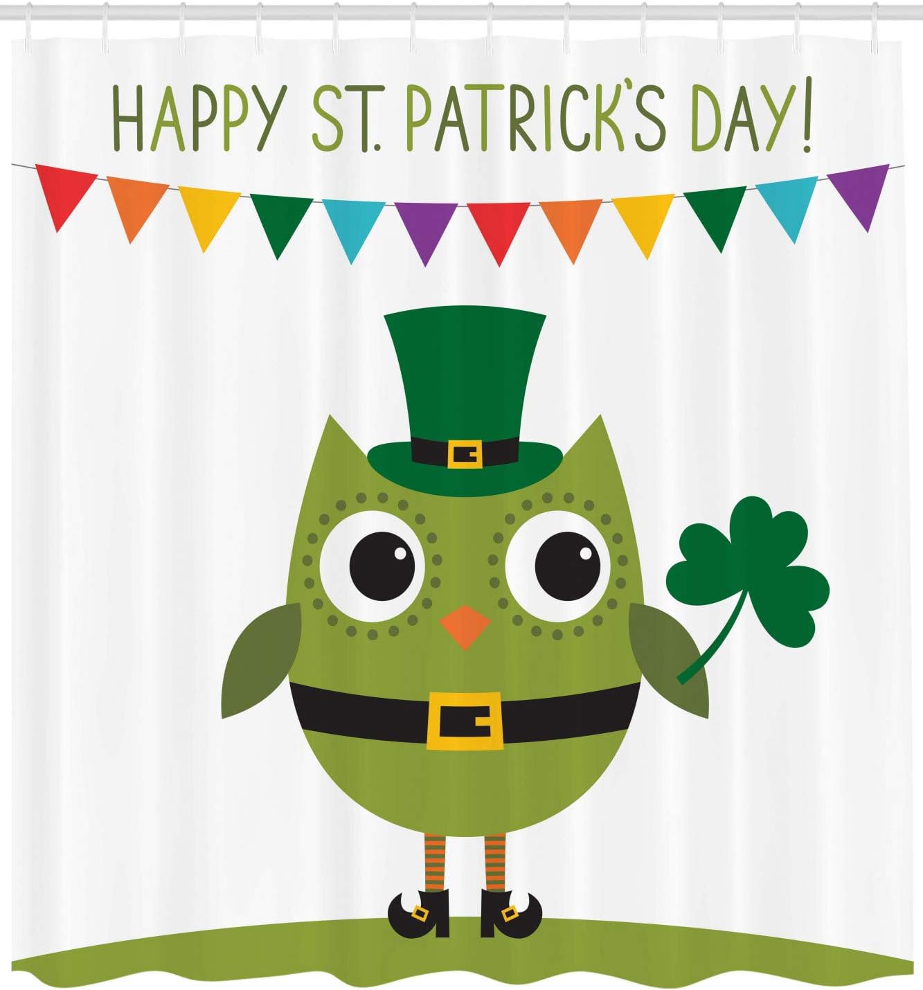 Ambesonne St. Patrick's Day Shower Curtain, Owl Leprechaun Costume Greeting Design Party Shamrock Pattern Print, Cloth Fabric Bathroom Decor Set with Hooks, 69" W x 70" L, Multicolor White