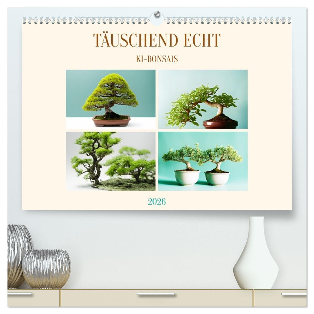 Täuschend echt KI-Bonsais (hochwertiger Premium Wandkalender 2026 DIN A2 quer), Kunstdruck in Hochglanz: Bonsaibäume stellen ursprünglich eine ... und Kunstform dar. (CALVENDO Natur)