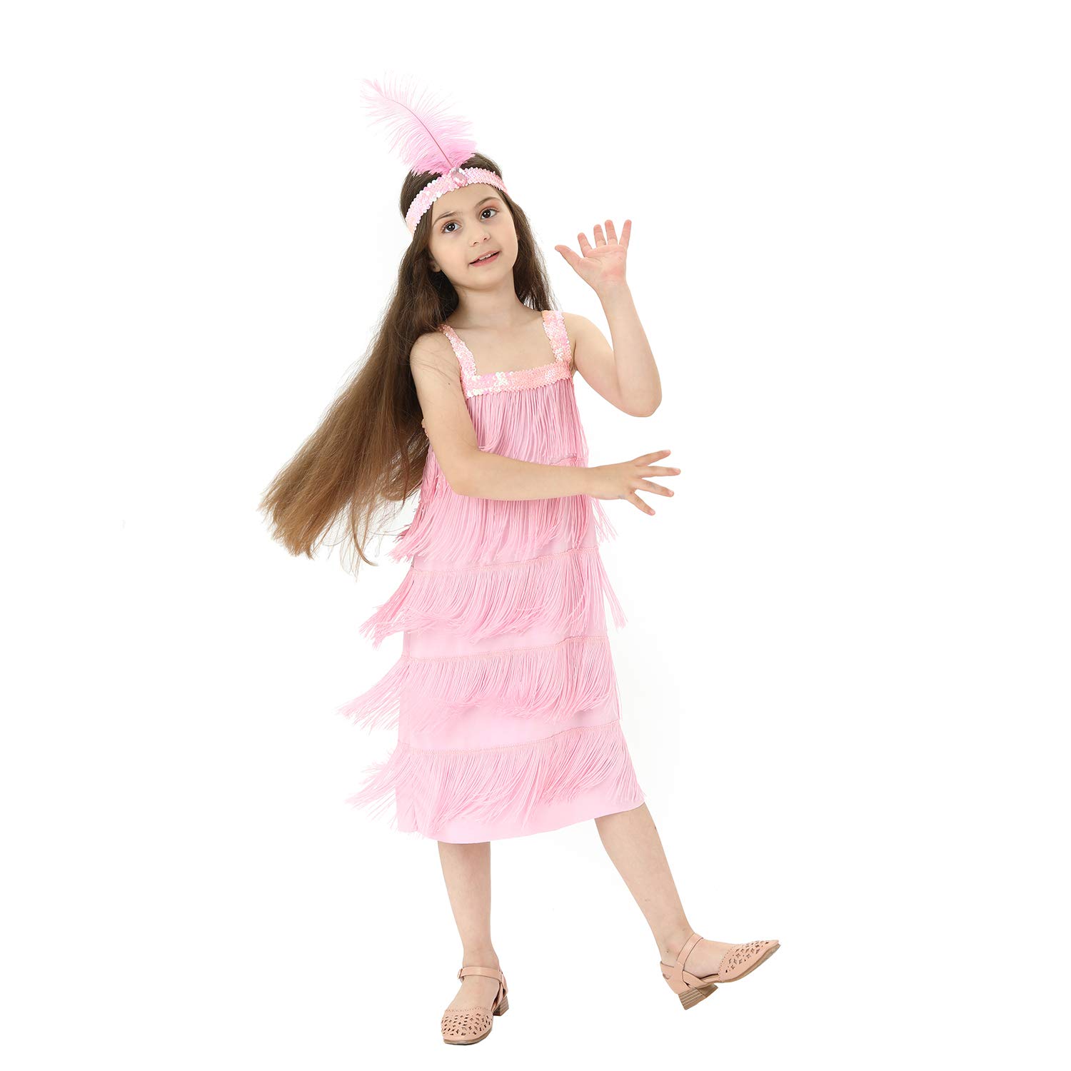 Leadtex Girl's 20s Flapper Dresses Costume Dress Childrens Party Fringed Dresses with Feather Headband,Size S,M,L,XL