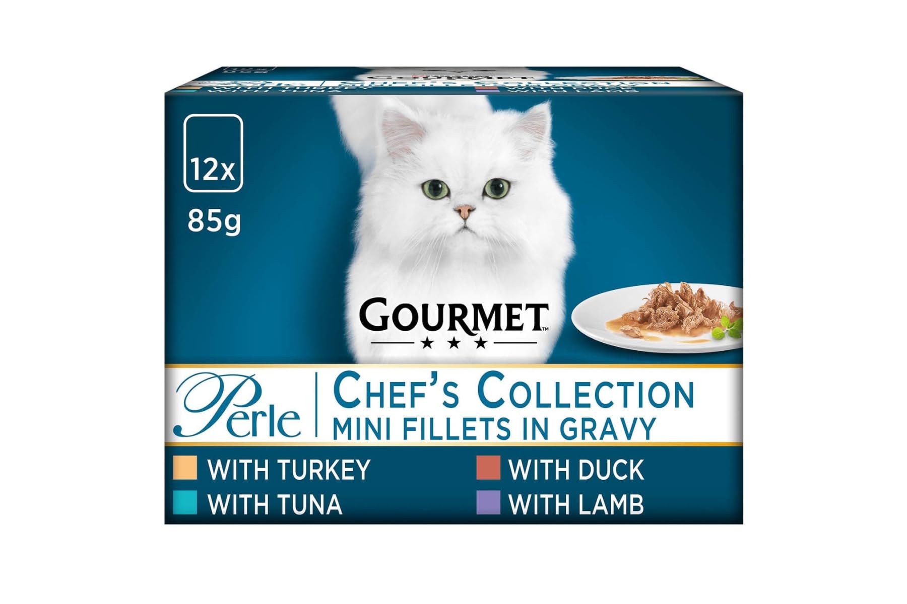 Gourmet Perle Chef's Collection Cat Food 12 X 85g - Mini Fillets In Gravy From Gourmet Perle, Simple And Refined Creations - Contains: 3 X Turkey, 3 X Tuna, 3 X Duck, 3 X Lamb