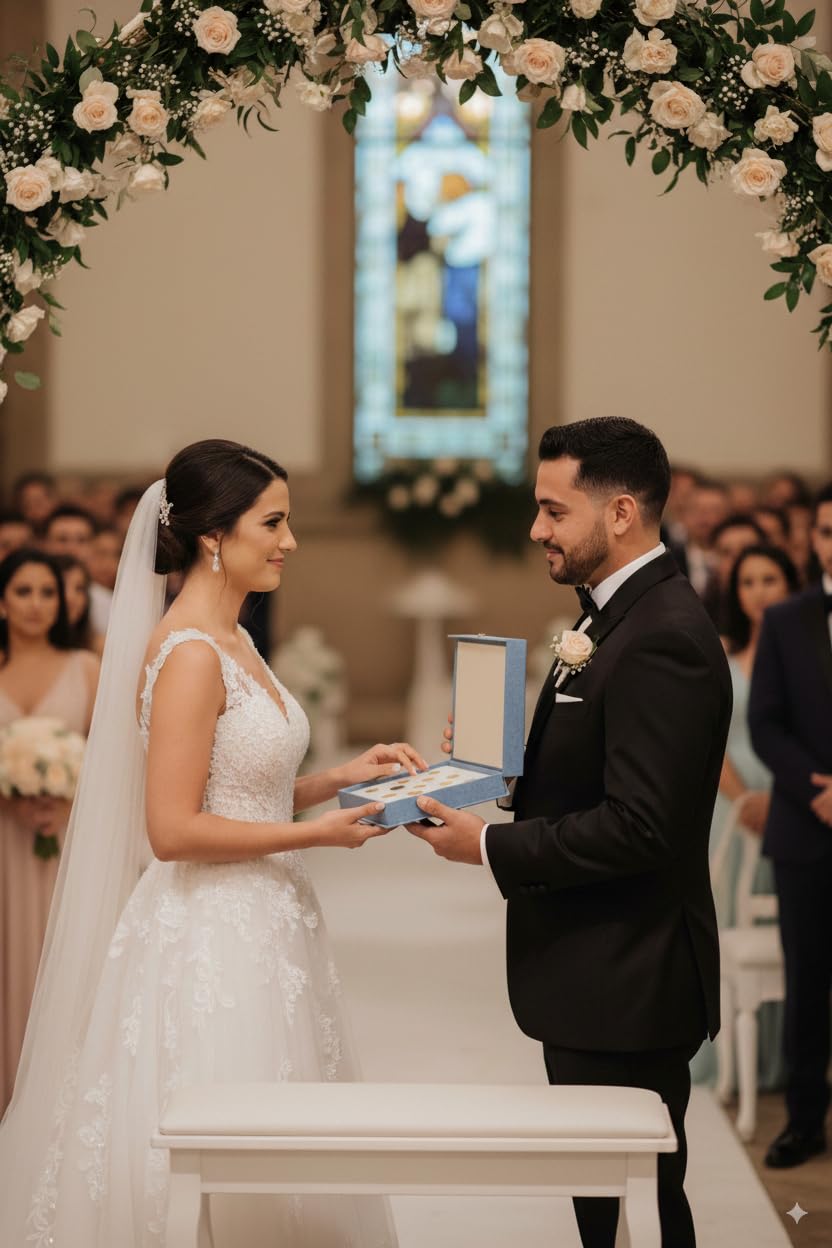 Arras boda matrimoniales doradas de 20mm en elegante estuche Personalizado