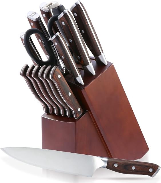 Kitchen Knife Set, 15pcs Knife Sets with Block, High Carbon 1.4116 Stainless Steel Kitchen Knives Sets Professional, Knife Sets with Scissors and Knife Sharpener