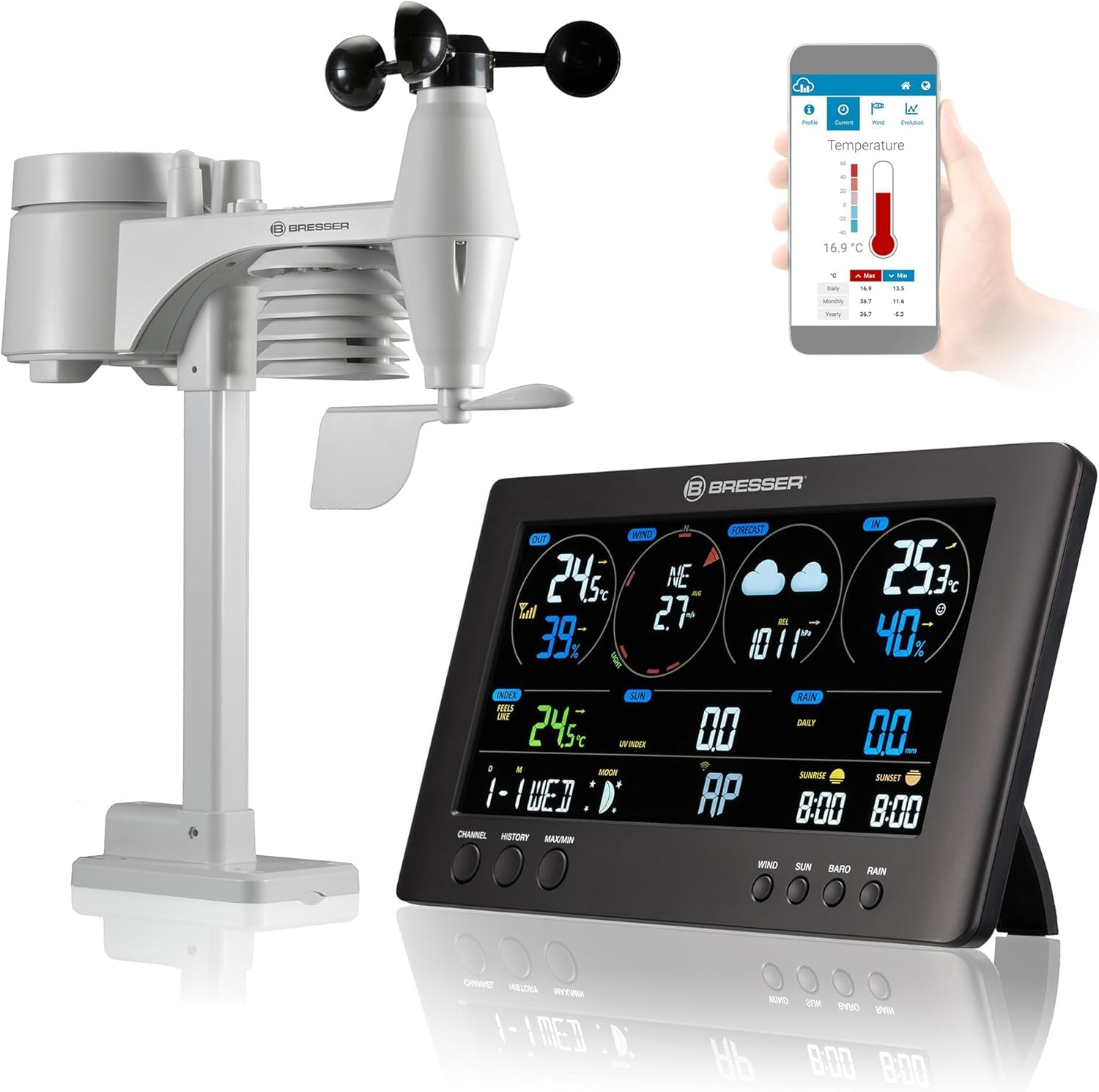 Bresser Stazione meteo wireless con sensore da esterno, stazione meteo ClearView con WLAN, per rilevazione velocità del vento, umidità, temperatura + Amazon basics confezione da 8 AA