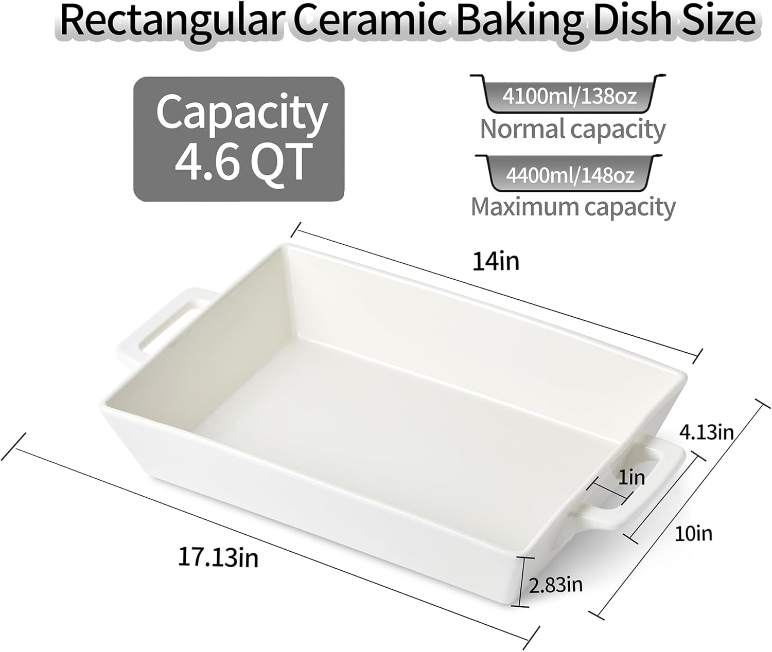 4.6 Qt Large Rectangular Ceramic Baking Dish, 14x10 Inch Deep Casserole Lasagna Pan with Handles for Cooking, Roasting, Serving, and Daily Use, Safe for Oven Microwave Dishwasher Freezer