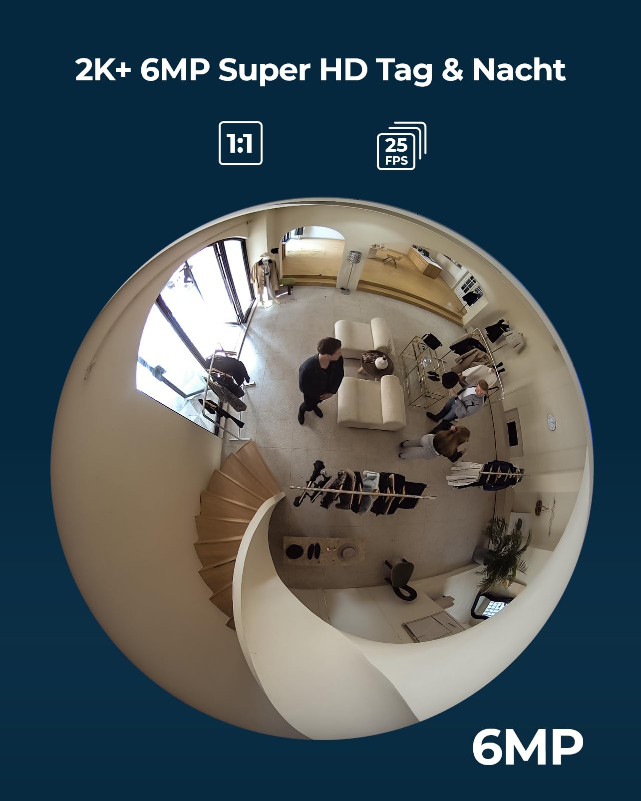Reolink 6MP WLAN Überwachungskamera Innen, 360° Panorama Fisheye Kamera | 2,4/5 GHz WLAN, Personenerkennung, 2 Wege Audio, Decken-/Wand-/Tisch-Installation, Mehrere Display-Ansichten, FE-W, Weiß