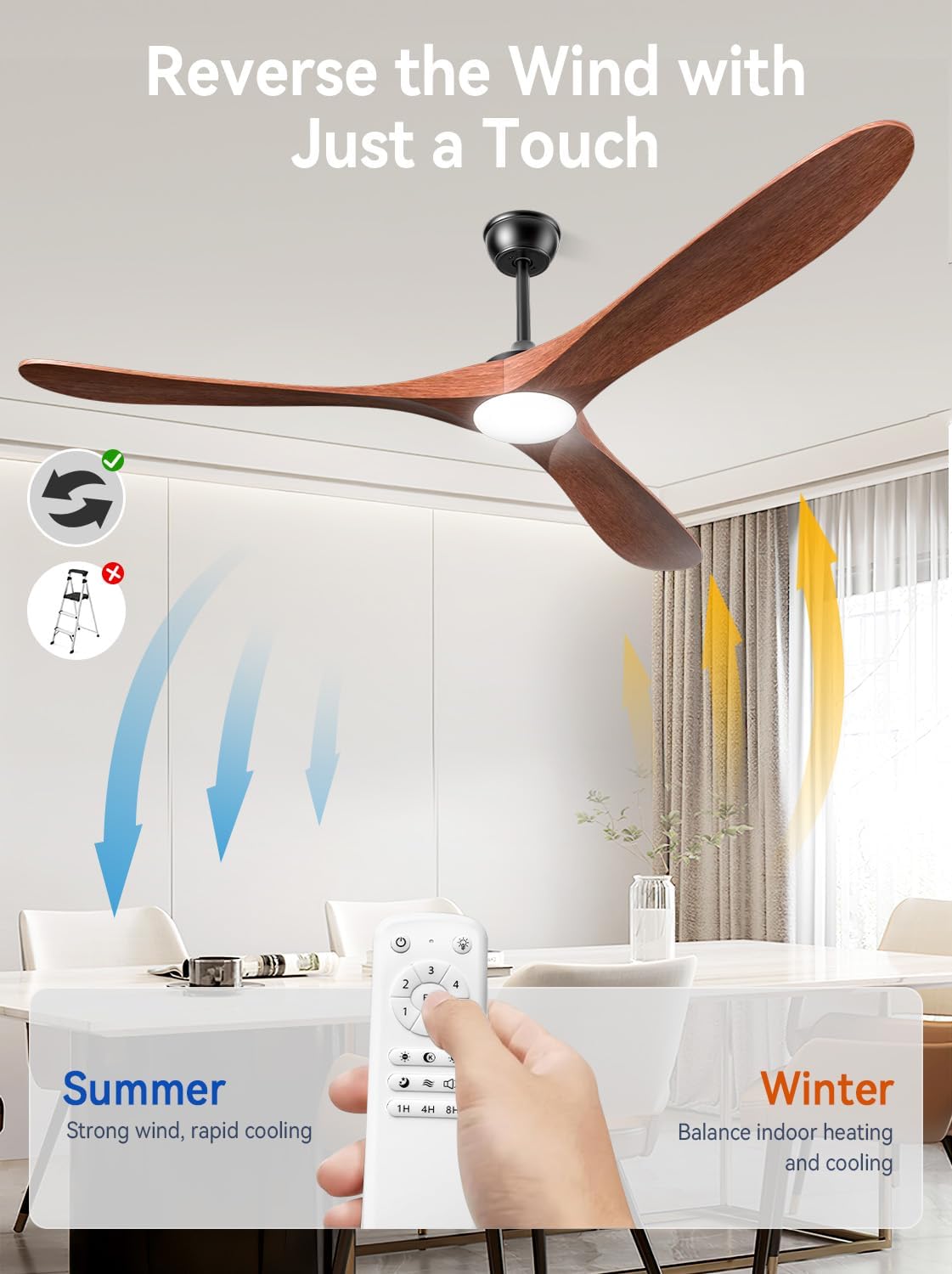 72 Inch Ceiling Fans with Lights and Remote, Solid Walnut Wood 3 Blade Modern Ceiling Fan, Quiet DC Motor, 6 Speeds, Timer, Dimmable LED, Indoor & Covered Outdoor Living Room, Bedroom, Patio (Walnut)