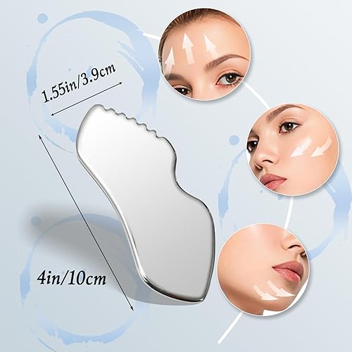Miniatura 6 de Juego de 2 herramientas Gua Sha de acero inoxidable, herramientas faciales Gua Sha de metal, masajeador facial, escultura Gua Sha corporal y facial
