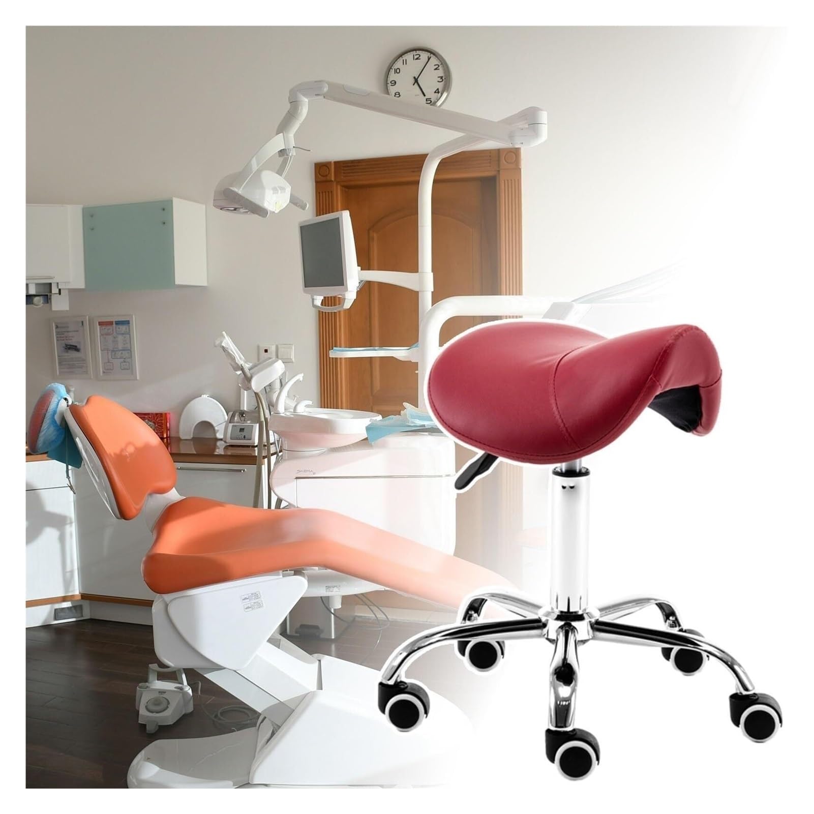 METTEOR Saddle Chair,Dental Hygienist Stool with Wheels, Professional Salon Liftable Drafting Chair for Tattooist Stylist Esthetician (Red One Size)
