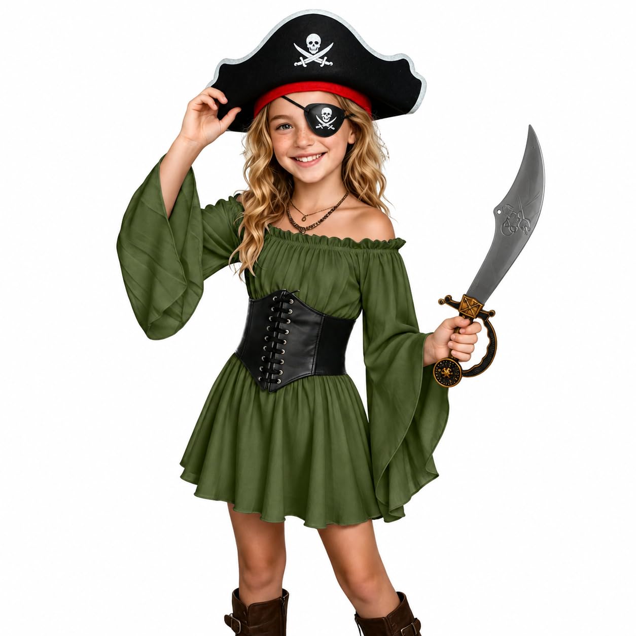 Kids Pirate Costume for Girls, White Off Shoulder Dress with Black Corset, Pirate Hat Eye Patch Set 5pcs, Halloween Carnival Cosplay Outfit — image 1