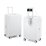 Hard Shell Suitcases Travel Expandable Luggage, 24 Inch Check in Luggage with Spinner Wheels Cup Holder Charger Built in, Checked Medium Suitcase Lightweight Suitcases, White