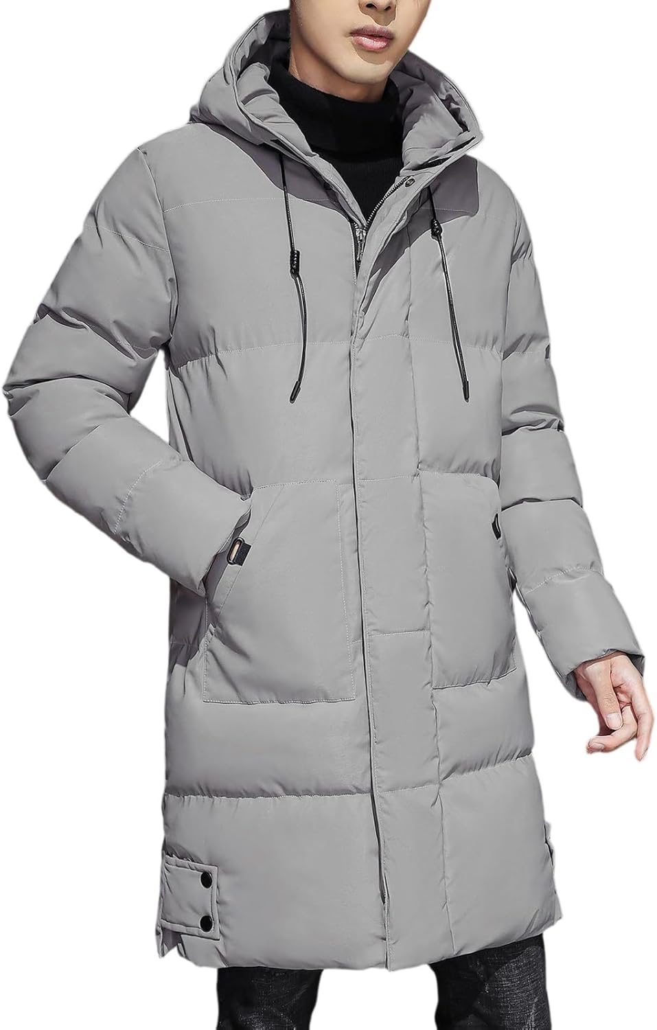 Mens Long Puffer Jacket Winter Warm Hooded Outerwear Quilted Jackets Zip Up Padded Coats Outerwear, M-3XL