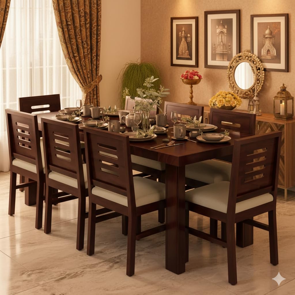 HANDWOOD FURNITURE Sheesham Wood Dining Table(78x35) with 8 Chairs | 8 Seater Dining Set | 1 Year Warranty | Finish Color :- Walnut Finish with Cream Cushions -DIY(Do-It-Yourself)
