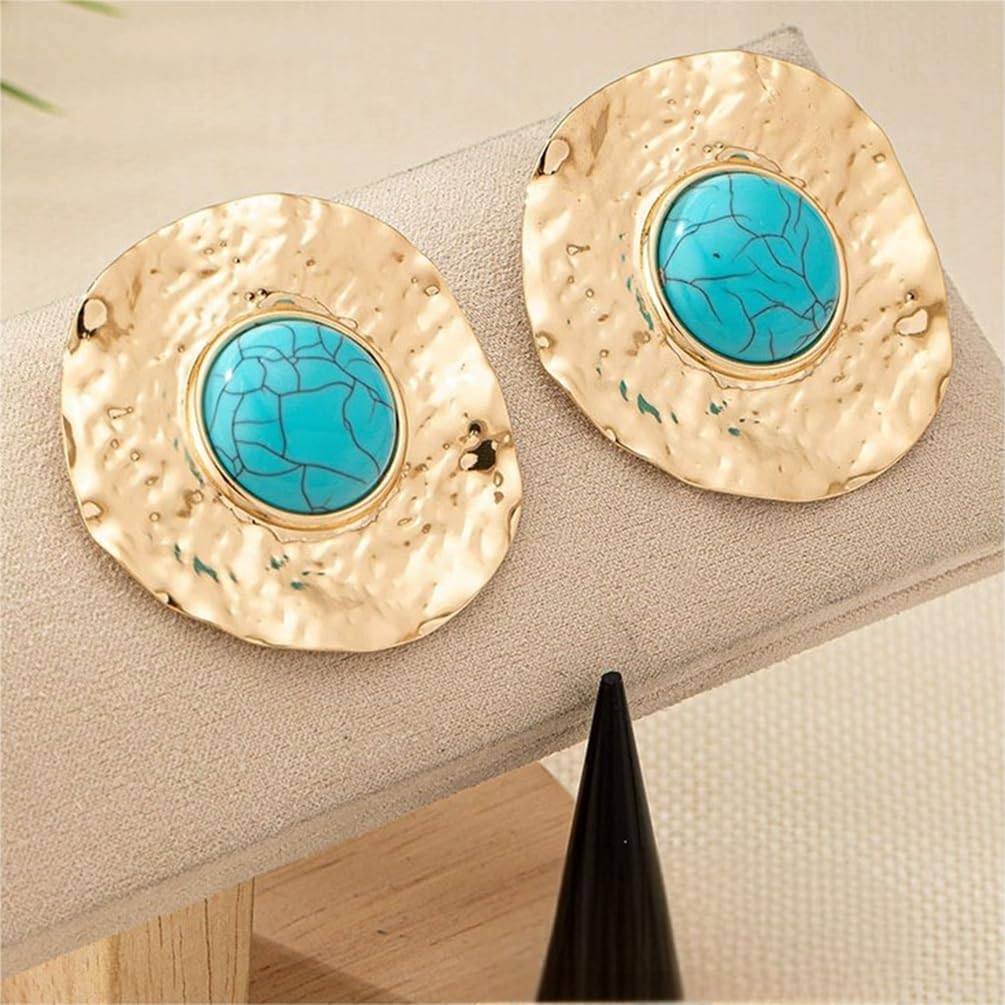 Gold Chunky Large Hammered Disc Turquoise Stud Earrings for Women Statement, Bohemia Vintage Big Circle Pearl Earring Trendy Western Party Jewelry Gift - Image 6