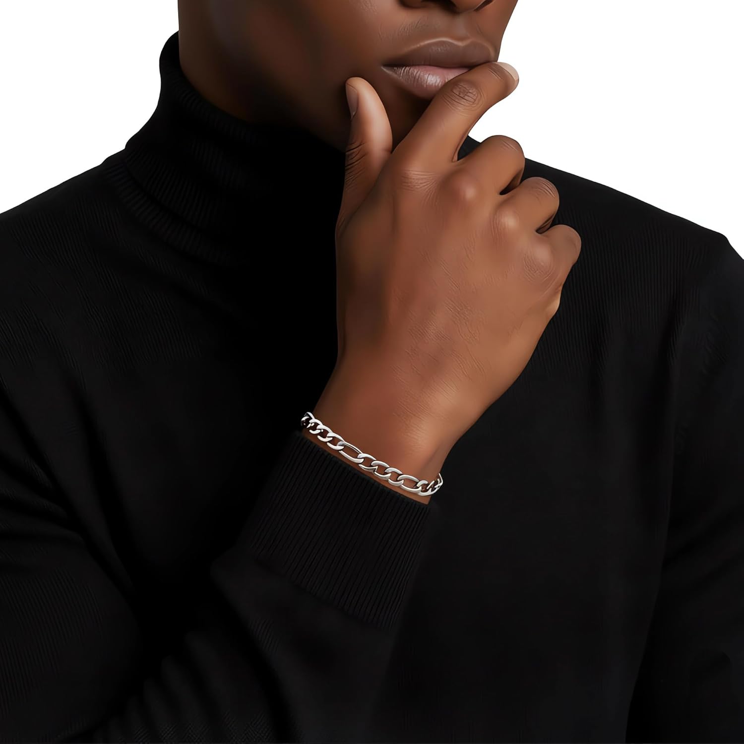 Fiusem Silver Tone Figaro Mens Bracelet, 5/7/8mm Stainless Steel Link Chain Bracelets for Men, 6.7"/7.5"/8.3"/9.0" Length - Image 2