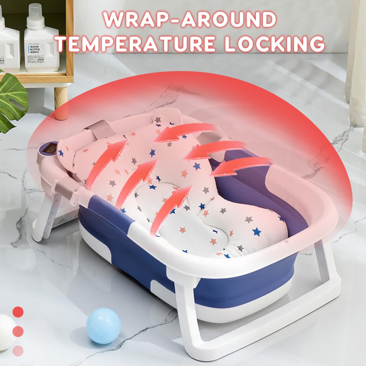 SONARIN Bañera Plegable Bebé con Termómetro & Cojín de Baño,Portátil Viaje Tina para Bebe Bañera de Ducha Reductor Bañera Bebe Antideslizante para Recién Nacidos Niños Pequeños(Rosa)