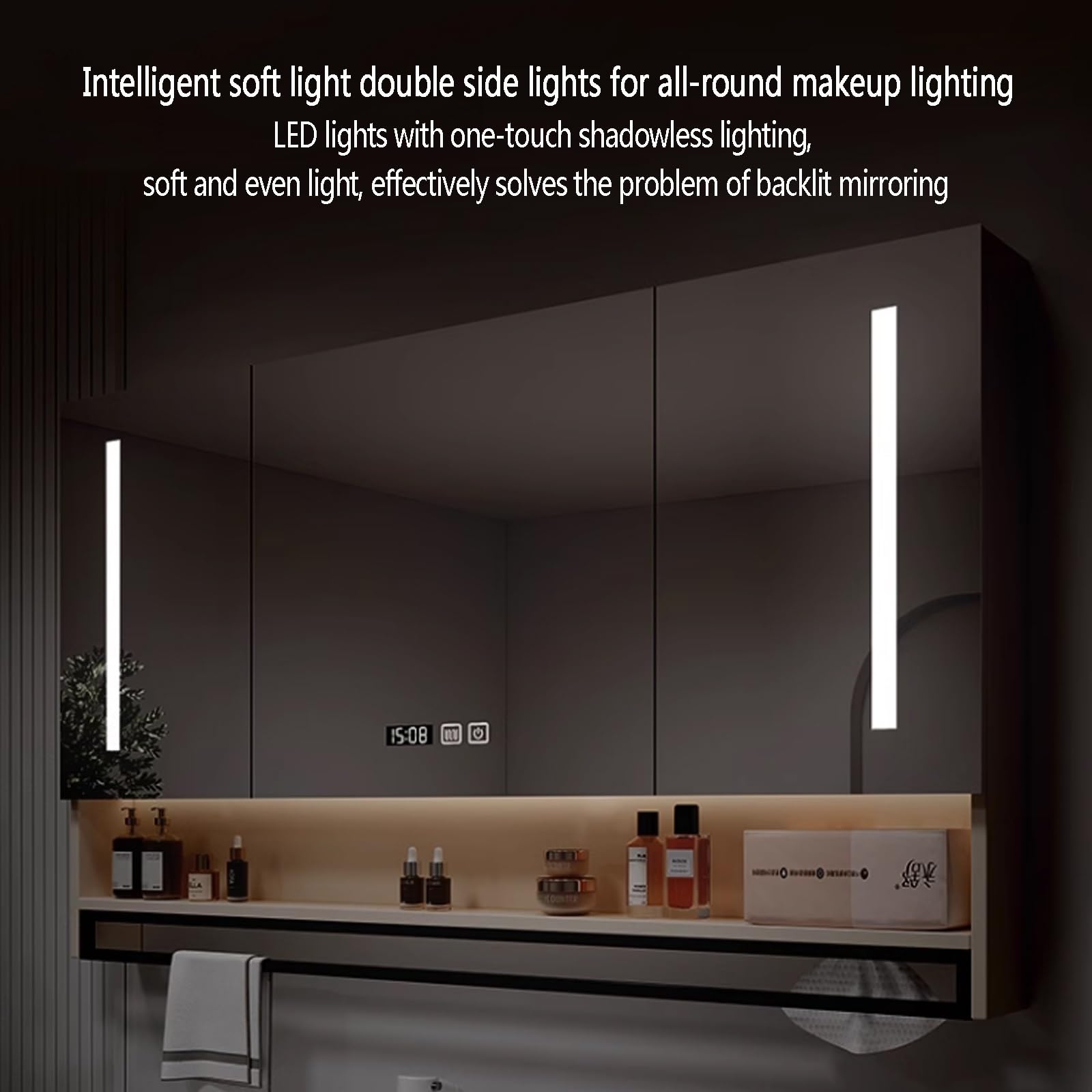Inteligente armario de baño con espejo y luz,Armario de Pared Rectangular Antivaho,Espejo de Maquillaje para Inodoro con Estante,armario espejo baño led tiempo temperatura,agujero de papel,barra de to