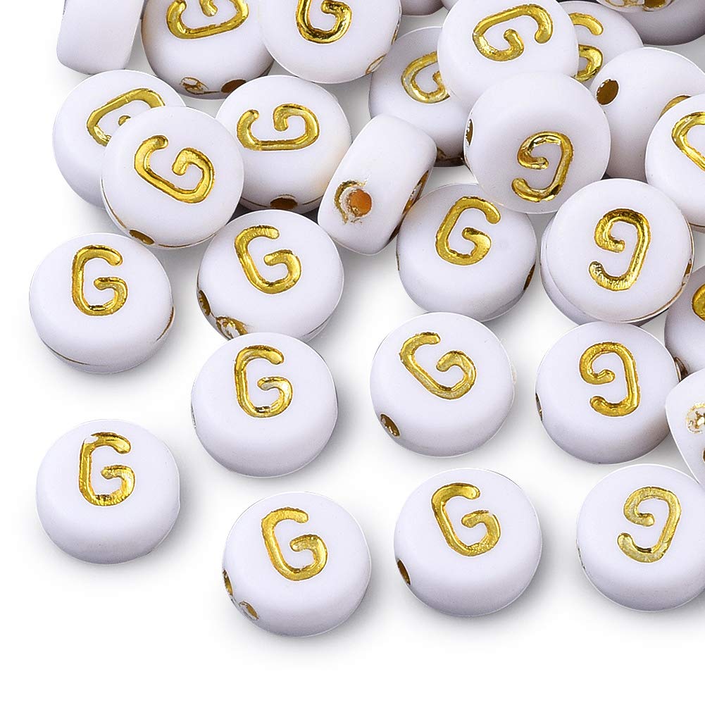 PandaHall - Perline piatte rotonde in acrilico da 7 mm, con lettera G dorata, per gioielli, perline, artigianato, tessiture fai da te, 360 pezzi