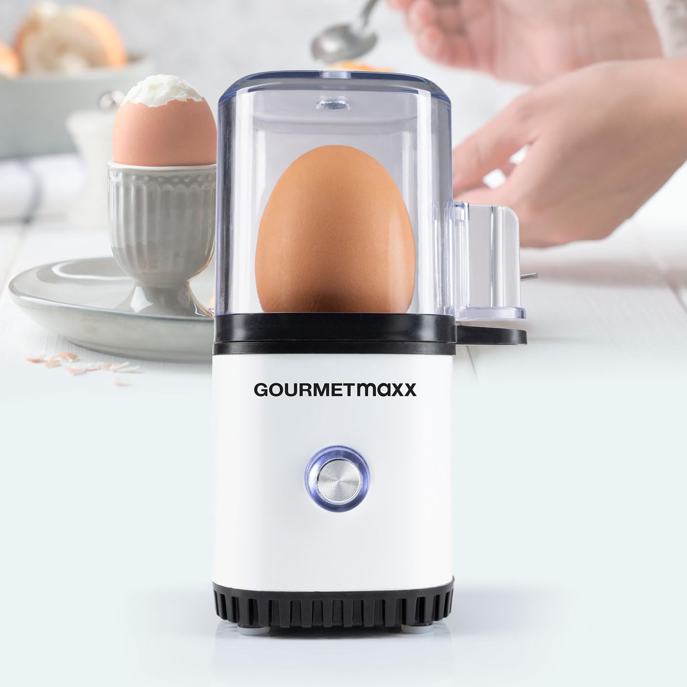 GOURMETmaxx Jajowar na 1 jajko | bojler do jajek z wykrawaczem do jajek w miarce | Egg Cooker – 3 stopnie twardości do Twojego kieliszka do jajka | designerski jajowar mały – części nadające się do