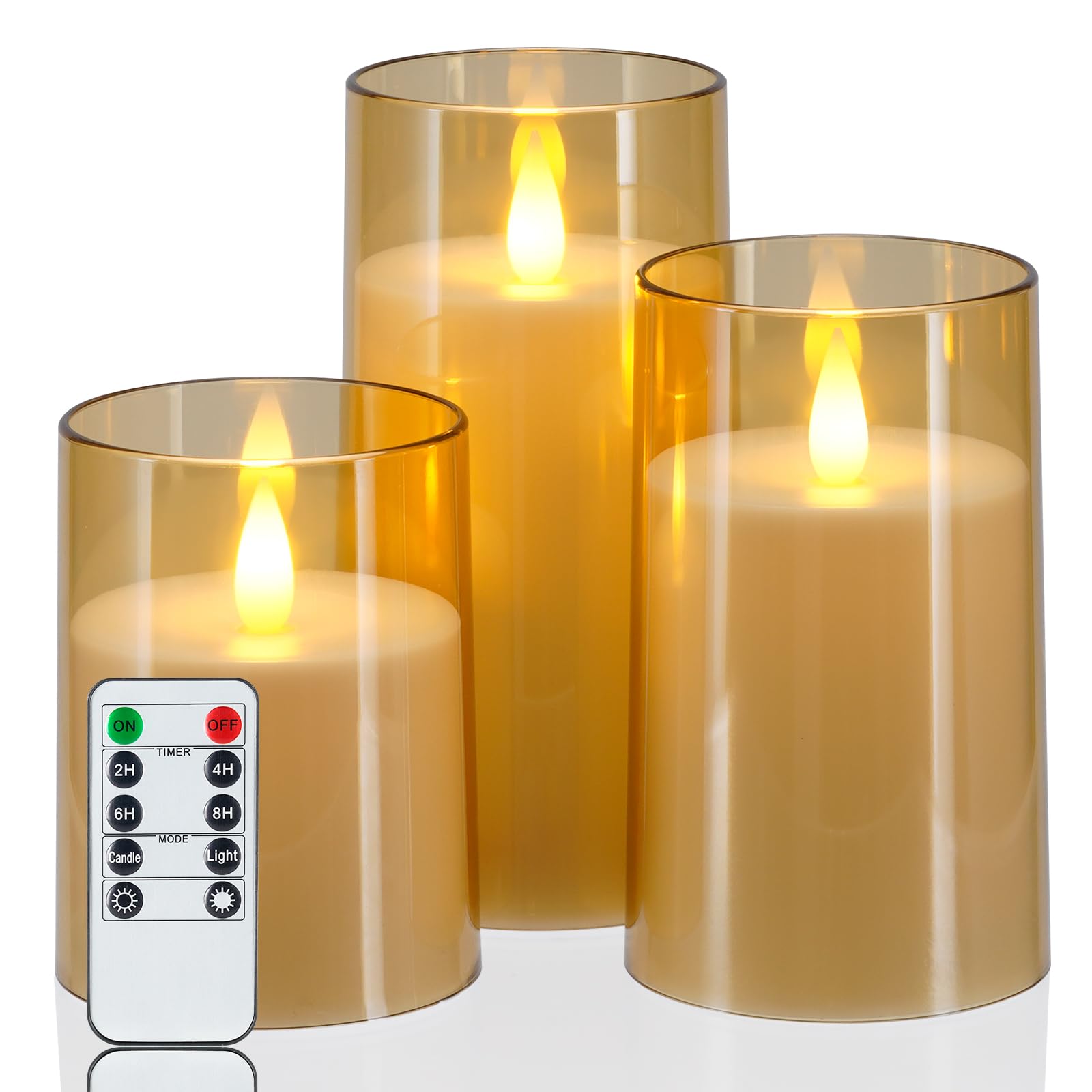 Homemory Realistic Flickering Battery Operated Candles, LED Fake Electric Candle with Remote Control and Timer, Flameless Candles for Home, Christmas Decoration, Gold, Set of 3