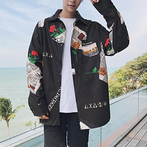 KunZhangIn The Spring Of The New South Korean Men Loose And Long Sleeve Shirt Bf Ulzzang Flower Harajuku Wind Youth Hip-Hop Shirt,L,Black