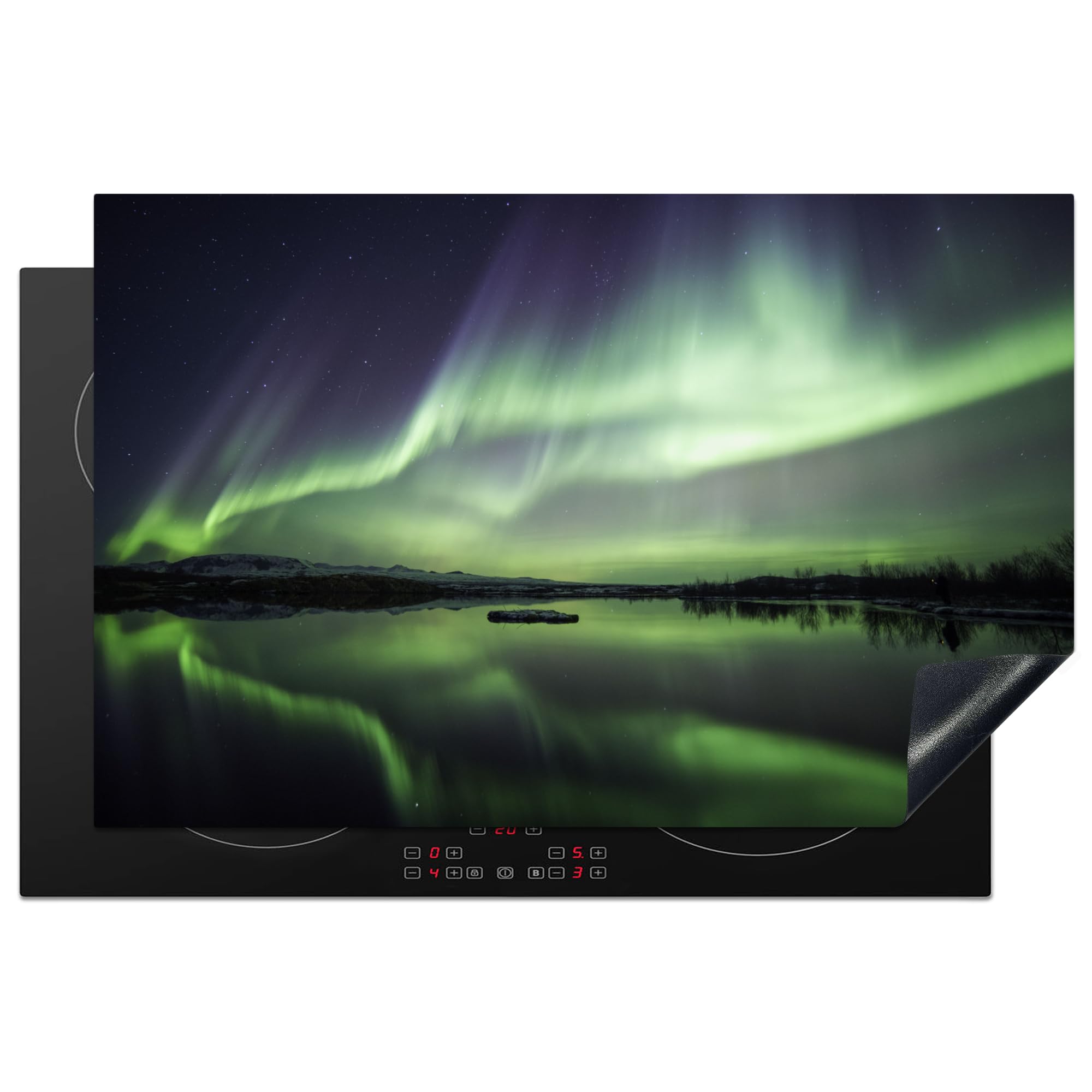 MuchoWow Inductiebeschermer - Inductie mat - Vinyl - Noorderlicht - Meer - IJsland - Groen - Bos - Sneeuw - 80x52 cm - Inductie beschermer