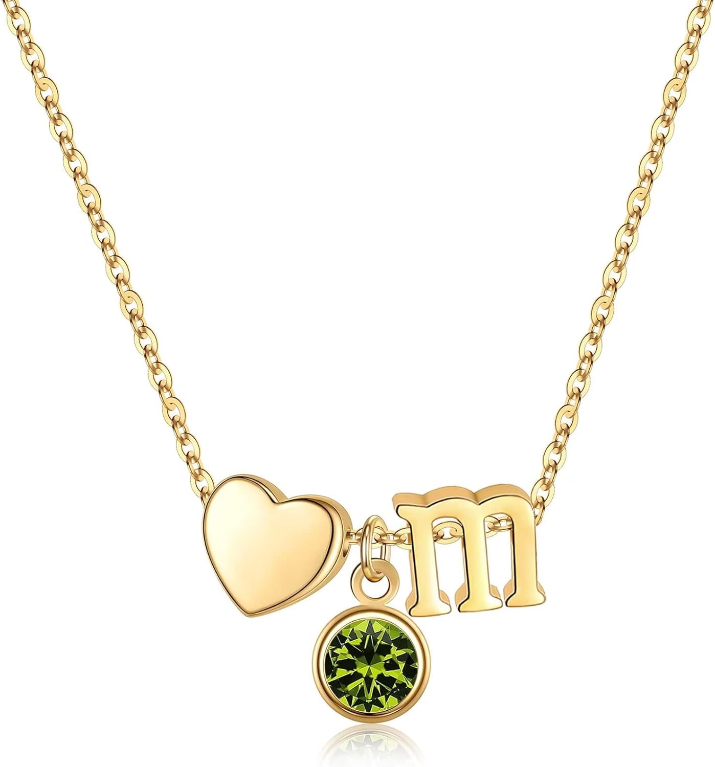 Ursilver Initial Birthstone Necklace for Girls Women, 14K Gold Plated Heart Initial Necklace Birthstone Necklace Heart Initial Birthstone Pendant Necklace Birthstone Necklace Jewelry Gifts for Teens Girls Peridot M